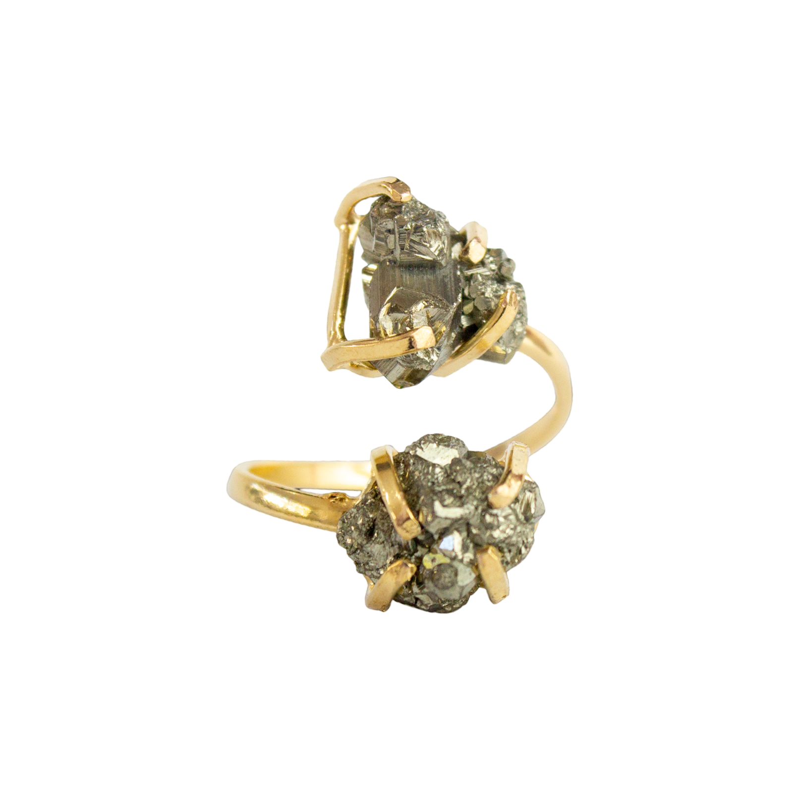 Dual-Stone Pyrite Ring — Genuine Natural Gemstones, 18K Gold Plated, Adjustable Statement Jewelry
