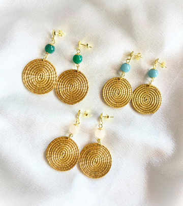Medium Mandala Earrings – Handmade with Brazilian Golden Grass & Natural Gemstones