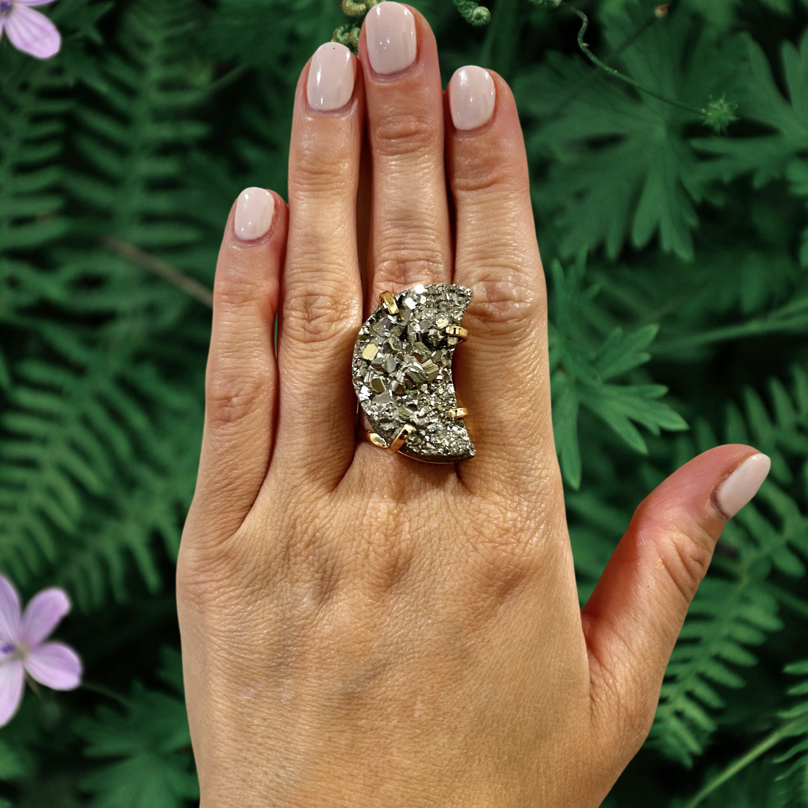 Moon-Shaped Pyrite Statement Ring — Genuine Natural Stone, 18K Gold Plated, Adjustable Band