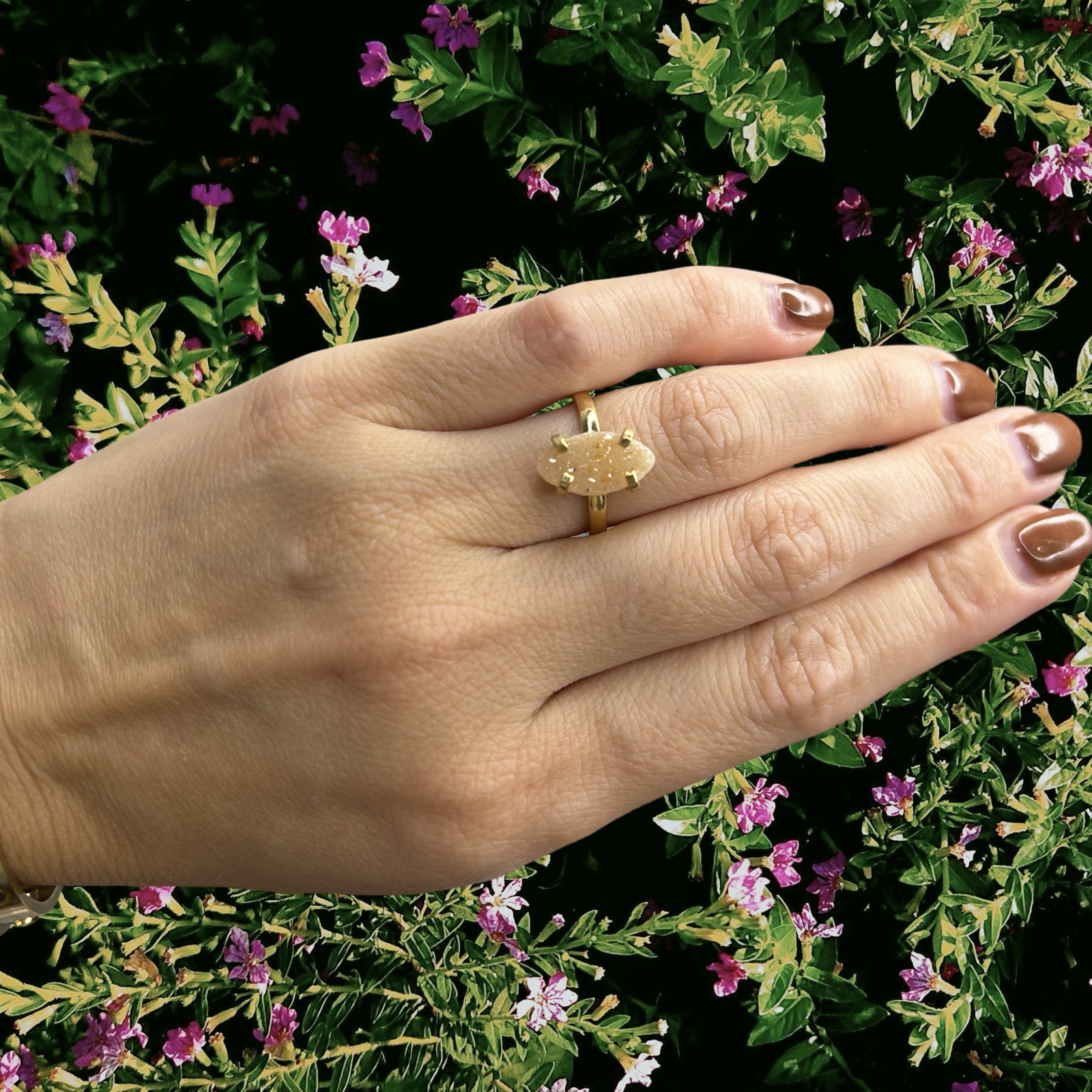 Delicate Druzy Ring — Genuine Sparkling Gemstone, 18K Gold Plated Single Adjustable Band