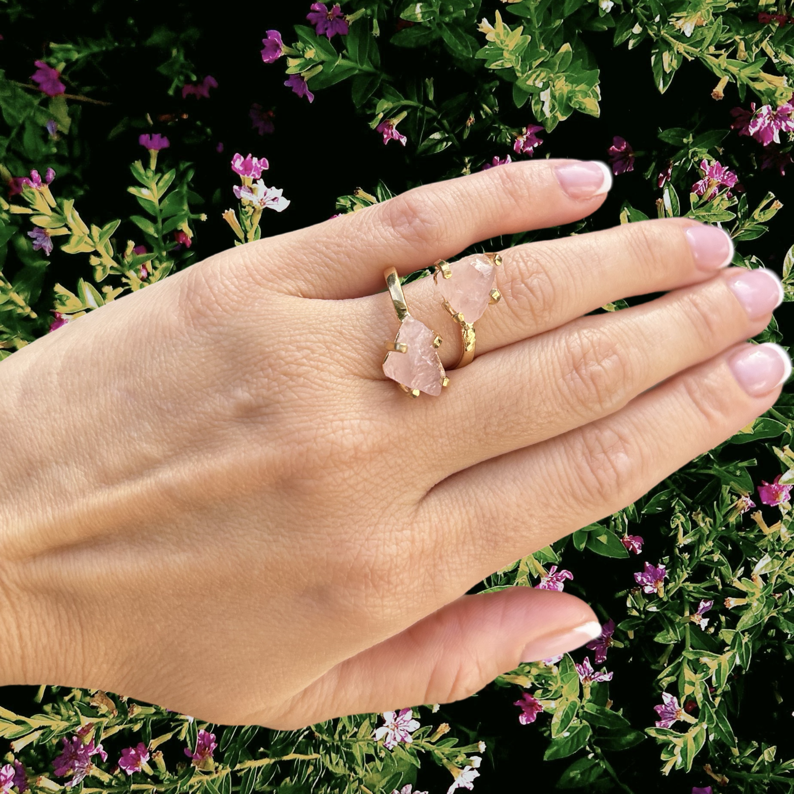 Double Raw Rose Quartz Ring — 18K Gold Plated Statement Jewelry, Adjustable & Hypoallergenic