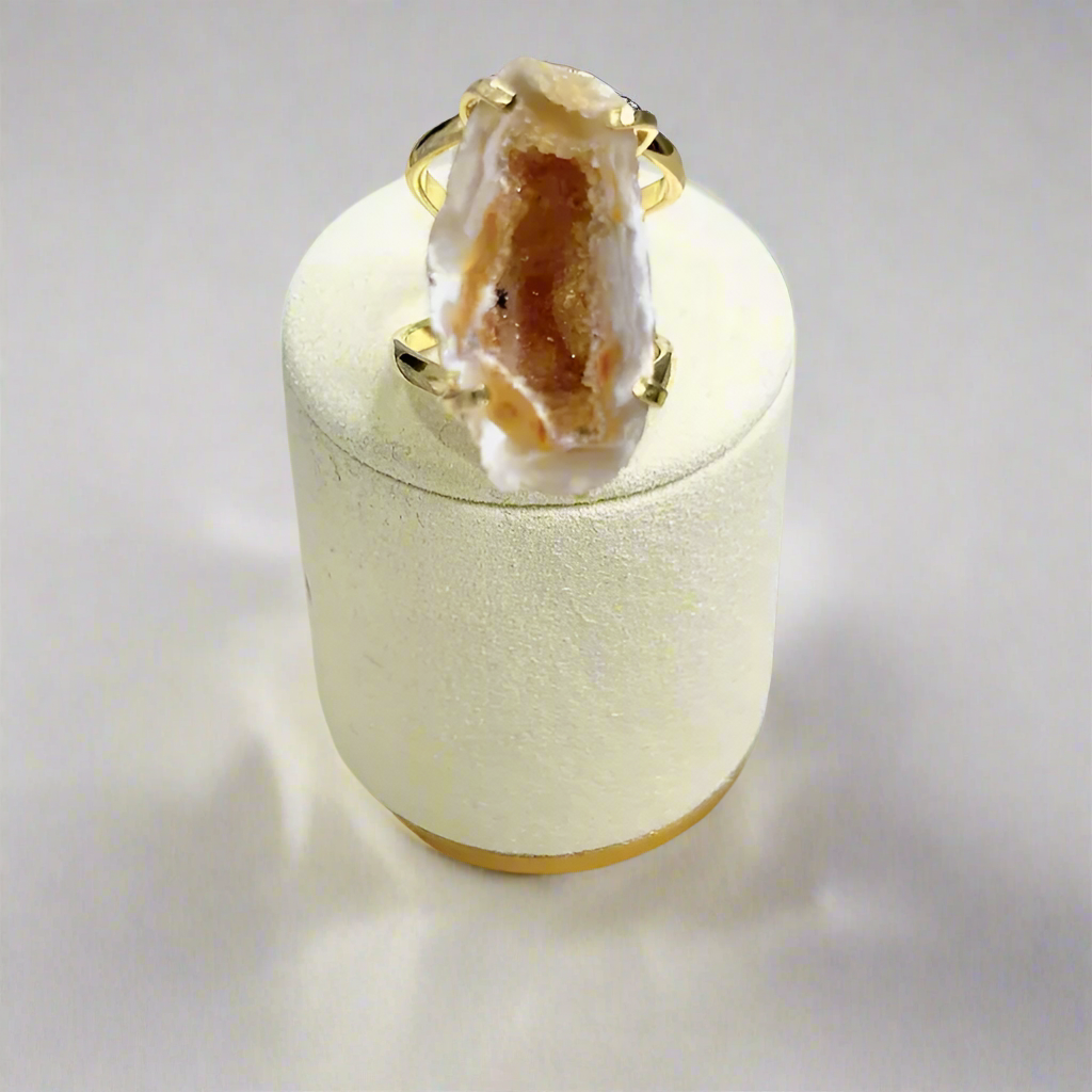 Full Geode Cocktail Ring — Genuine Natural Stone, 18K Gold Plated, Adjustable Statement Jewelry