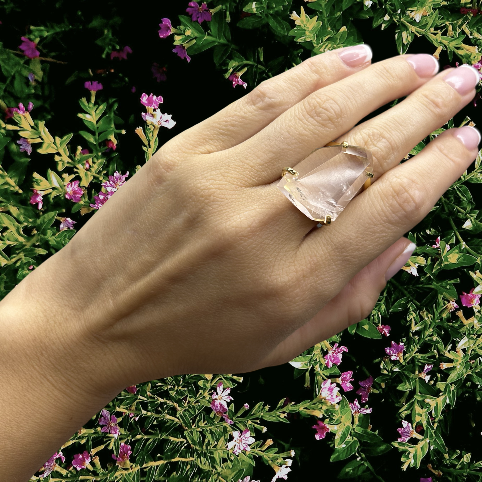 Rose Quartz Faceted Cocktail Ring — Genuine Gemstone, 18K Gold Plated, Handcrafted Statement Jewelry