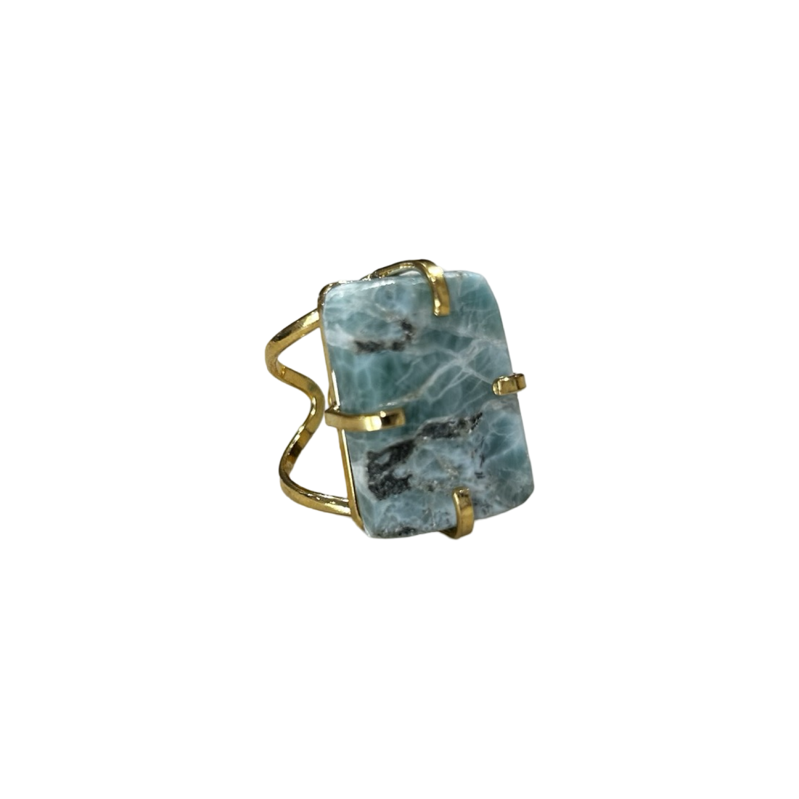 Larimar Open Cuff Ring — Arc Design with Genuine Caribbean Stone, 18K Gold Plated & Adjustable