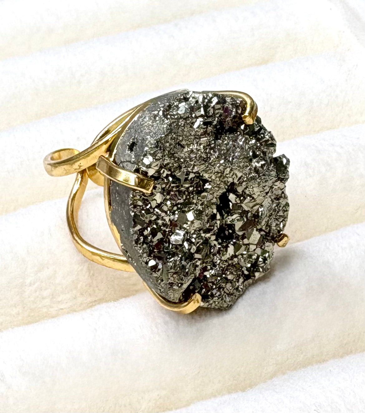 Round Pyrite Statement Cocktail Ring — Genuine Natural Stone, 18K Gold Plated, Adjustable Band