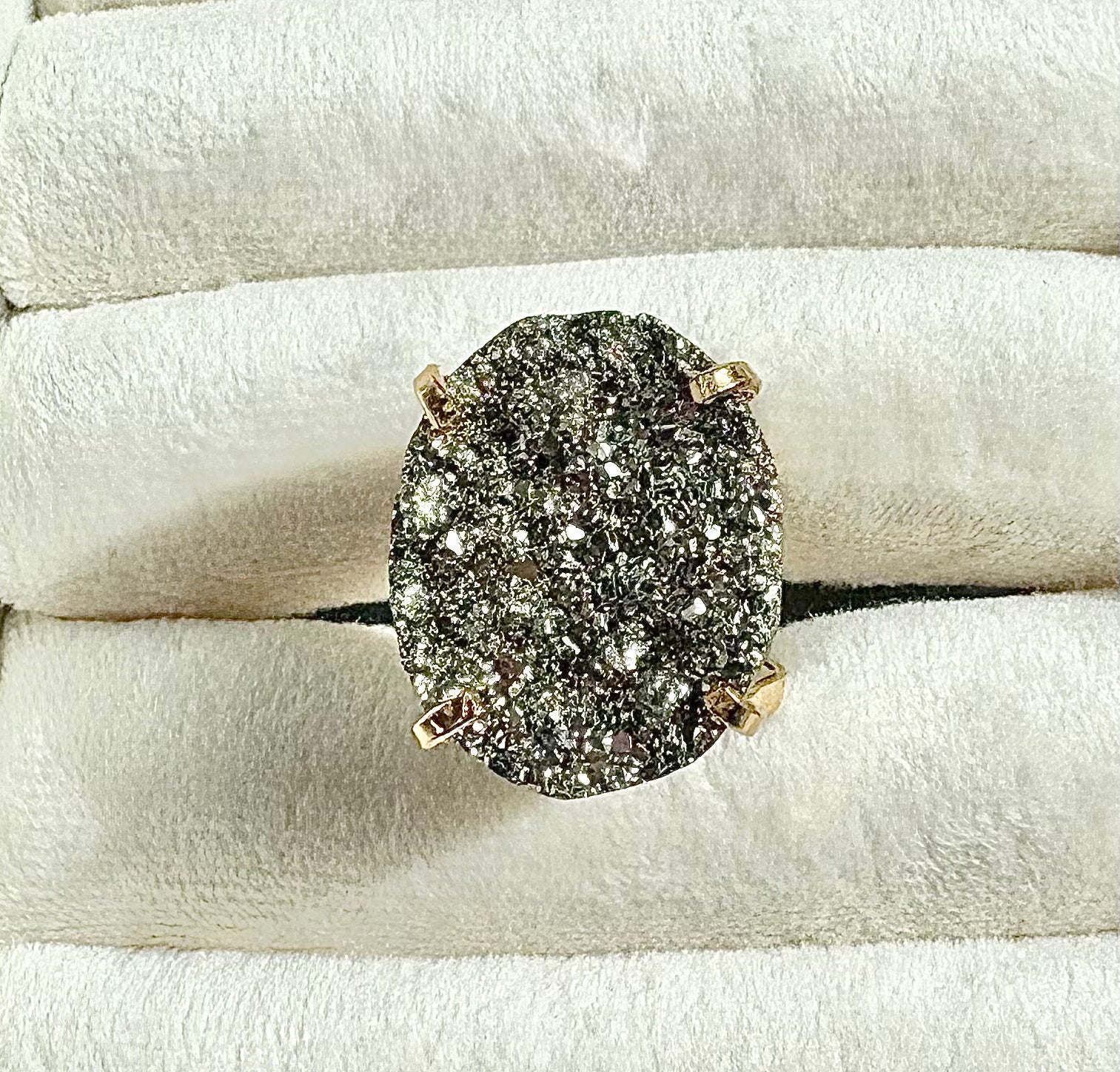 Round Pyrite Statement Cocktail Ring — Genuine Natural Stone, 18K Gold Plated, Adjustable Band