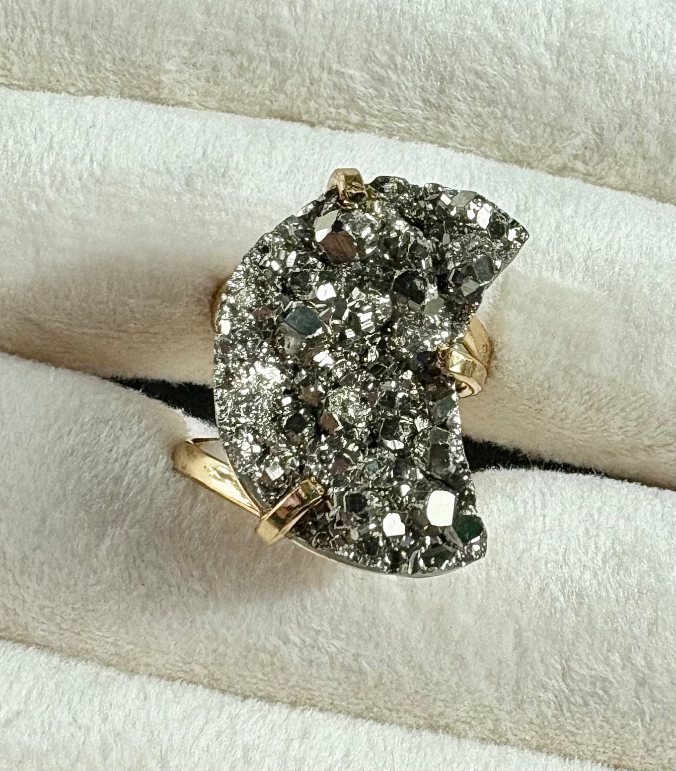Moon-Shaped Pyrite Statement Ring — Genuine Natural Stone, 18K Gold Plated, Adjustable Band