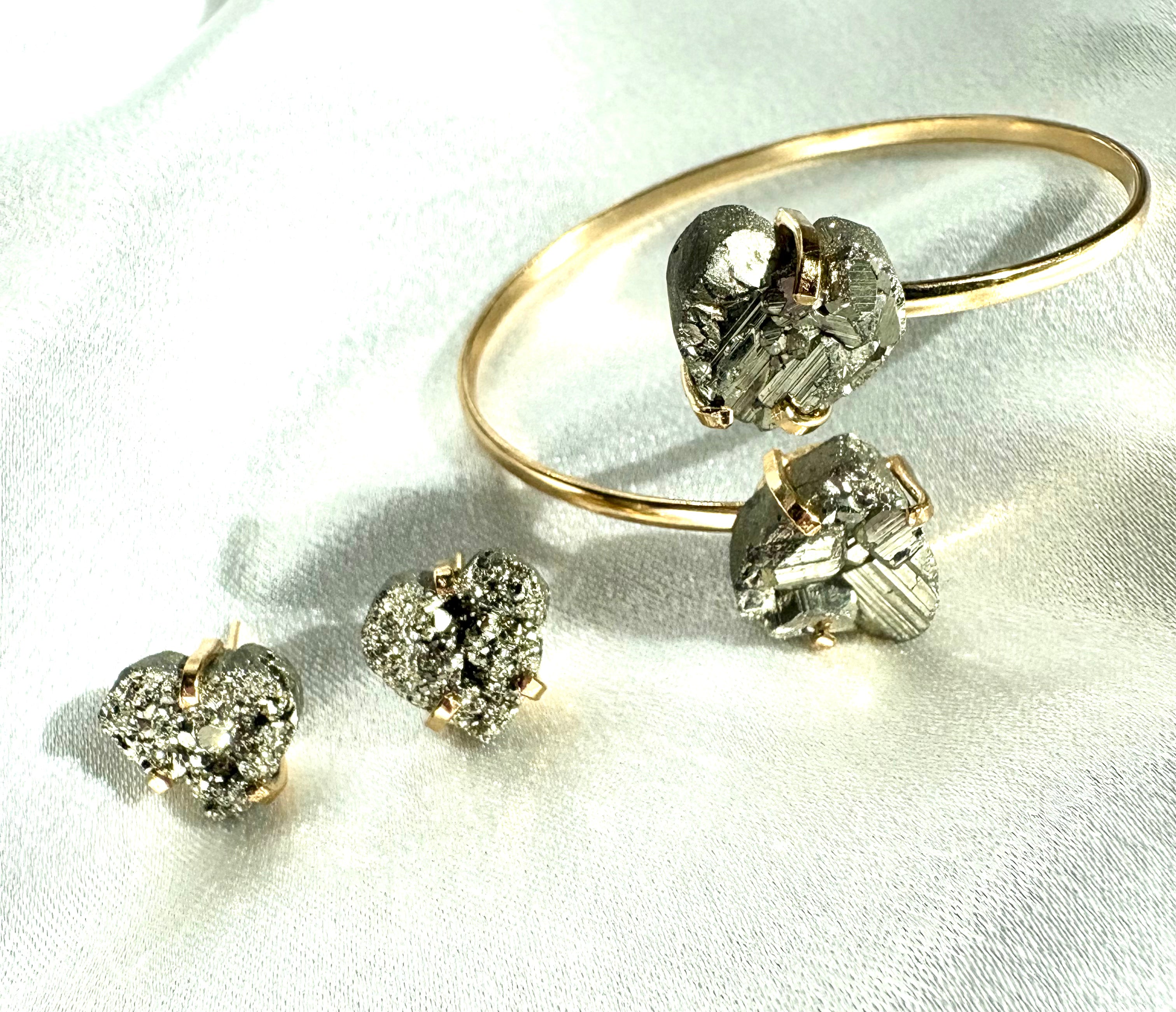 Heart-Shaped Pyrite Stud Earrings — Genuine Natural Stones with 18K Gold Plated Posts