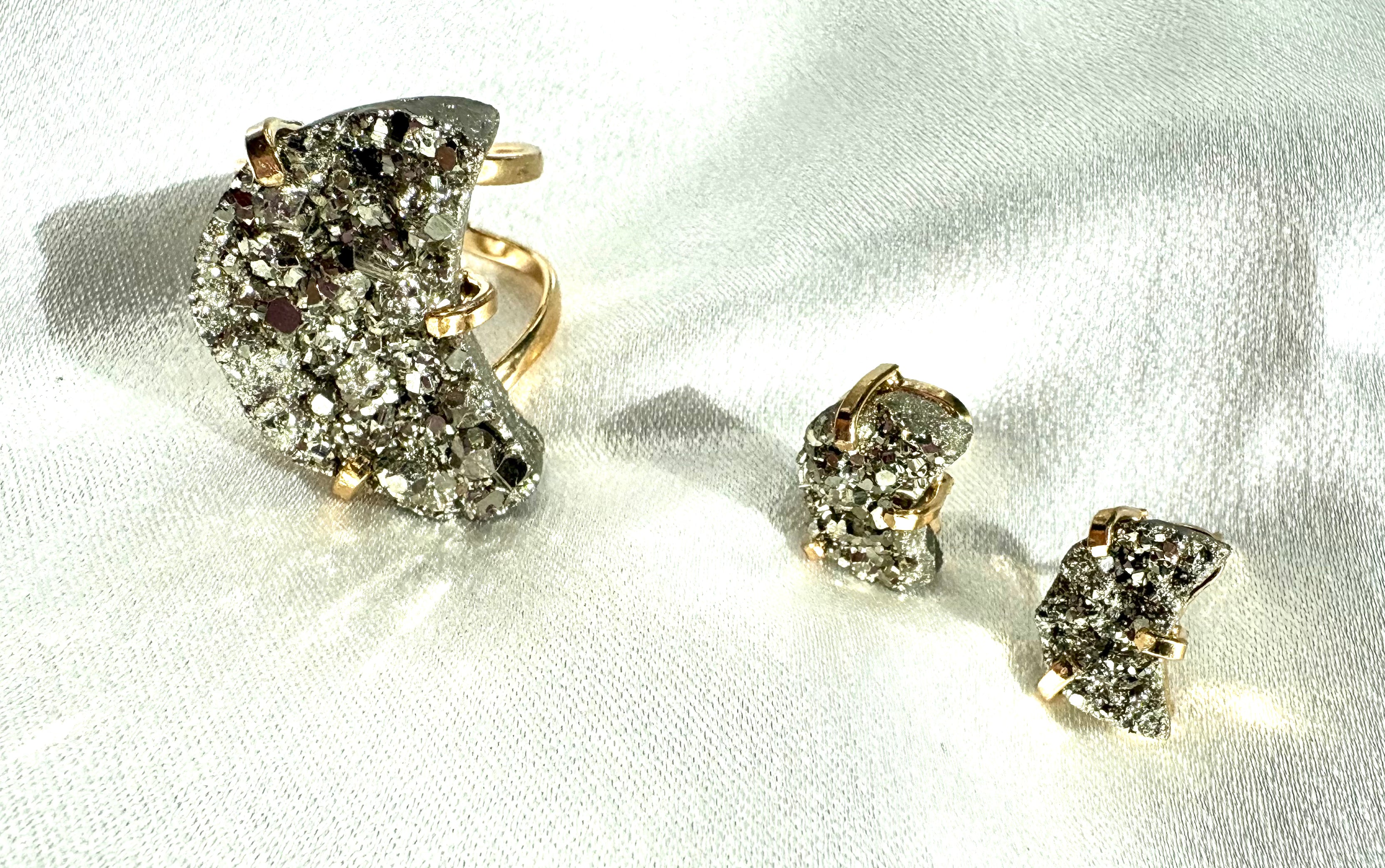 Moon-Shaped Pyrite Stud Earrings — Genuine Natural Stones with 18K Gold Plated Posts