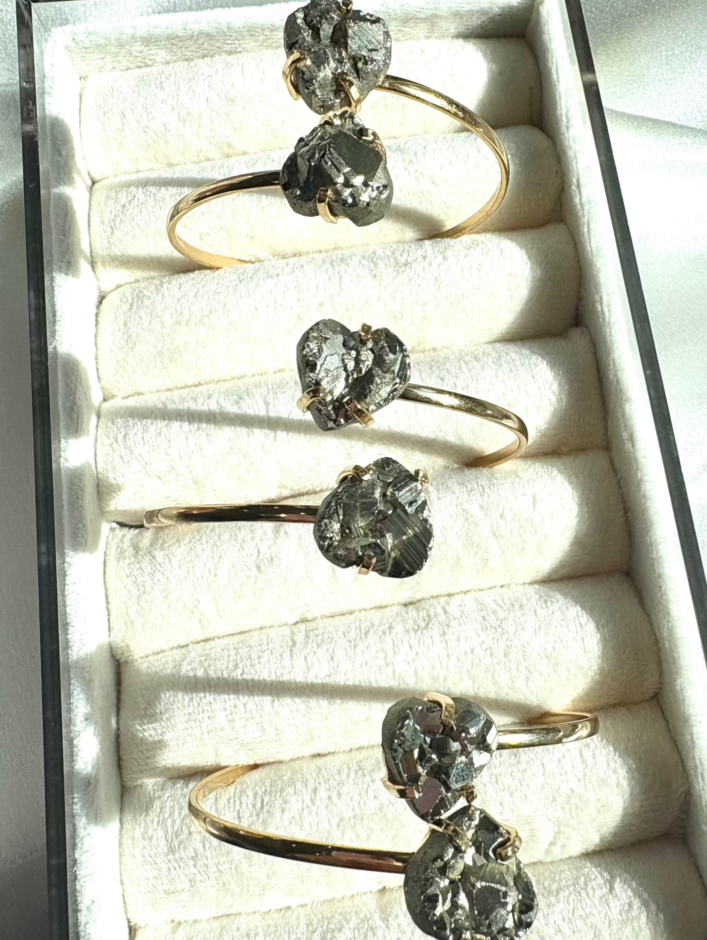 Heart-Shaped Pyrite Stone Bangle Bracelet — Genuine Natural Gemstone with 18K Gold Plated
