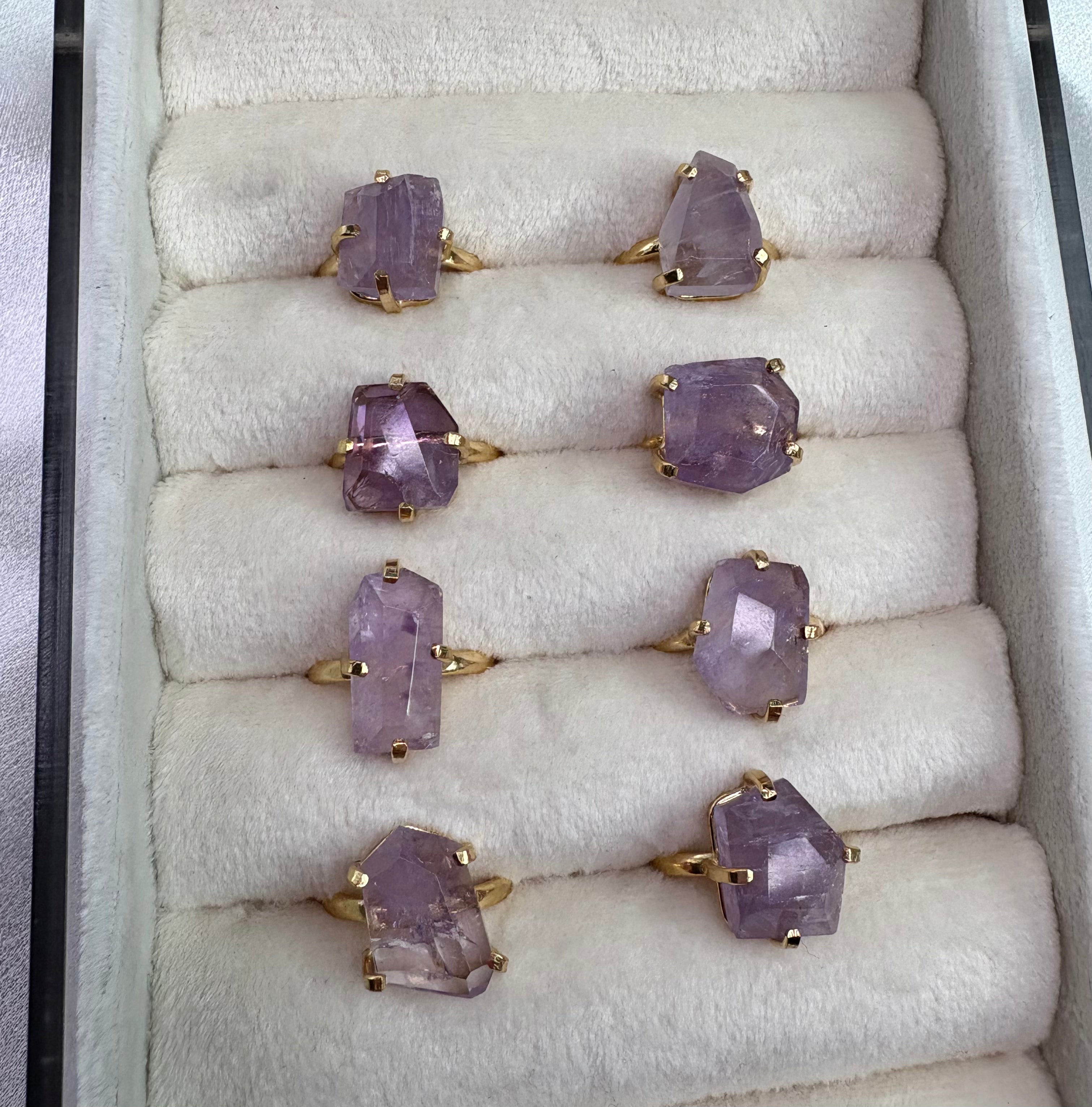 Genuine Brazilian Quartz Solitaire Ring — Freeform Faceted Stone, Adjustable 18K Gold Plated Band