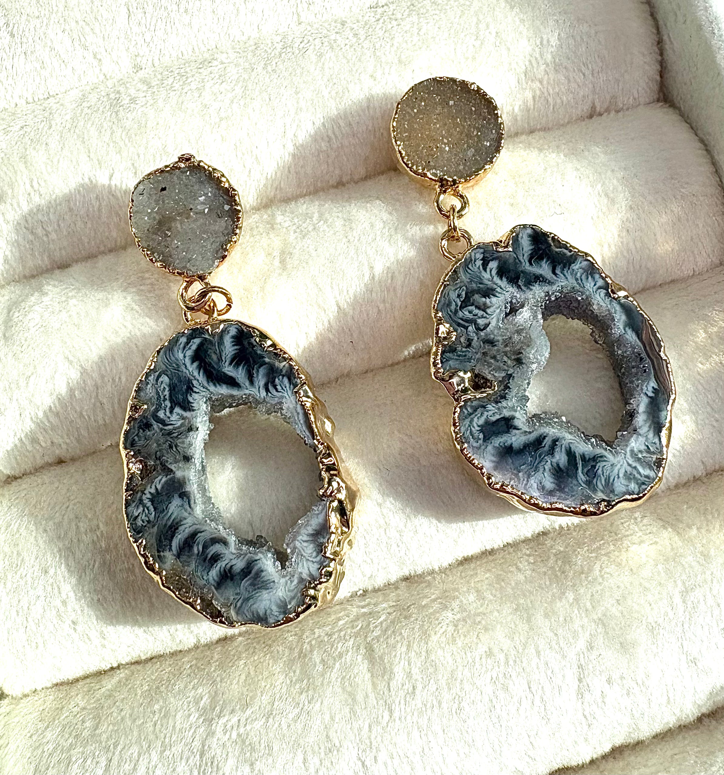Druzy & Geode Dangle Earrings — 18K Gold Hand-Painted Edges, Hypoallergenic Natural Stone Jewelry