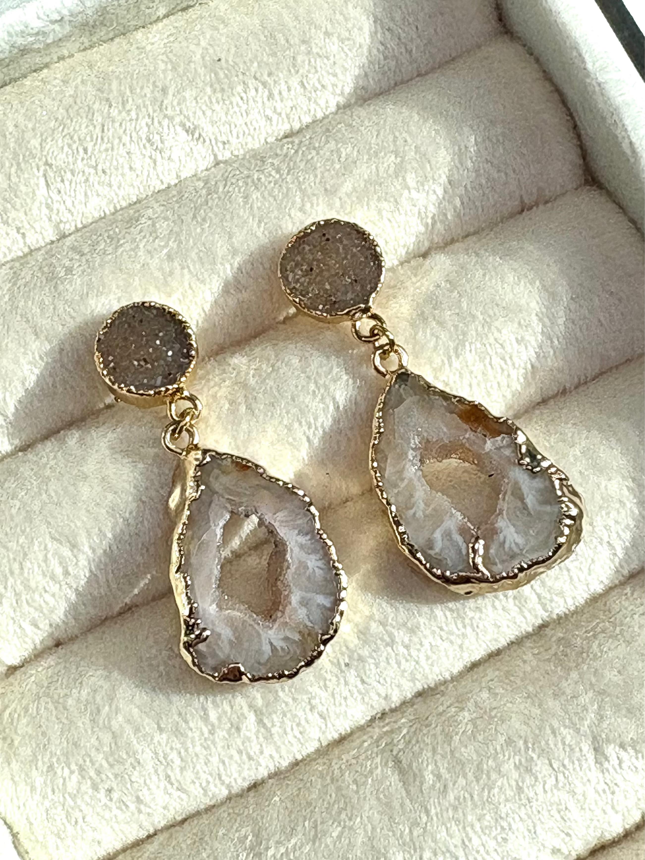 Druzy & Geode Dangle Earrings — 18K Gold Hand-Painted Edges, Hypoallergenic Natural Stone Jewelry