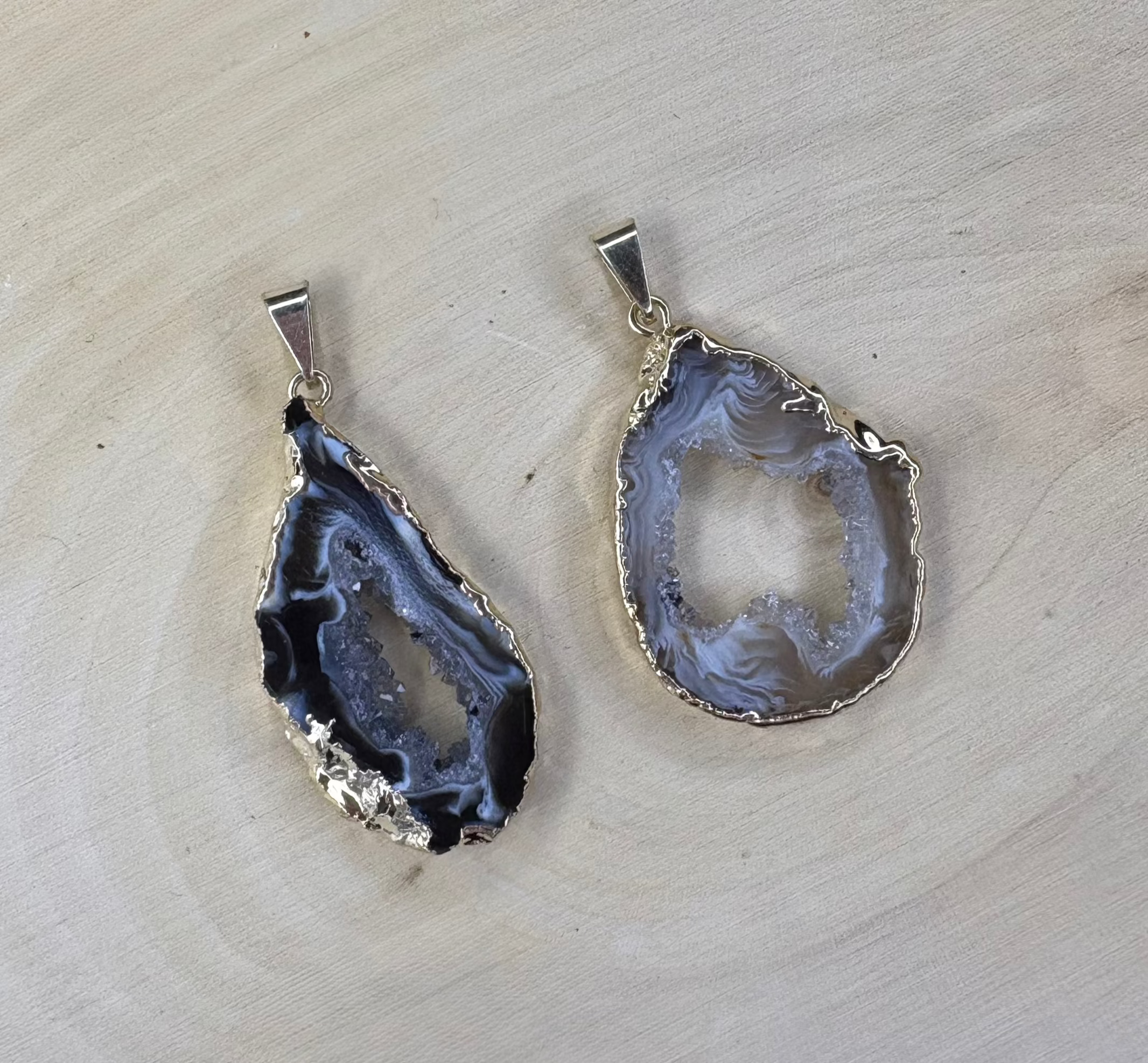 Geode Slice Pendant — Dark & Light Natural Stones with 18K Gold Hand-Painted Edges, One-of-a-Kind Jewelry