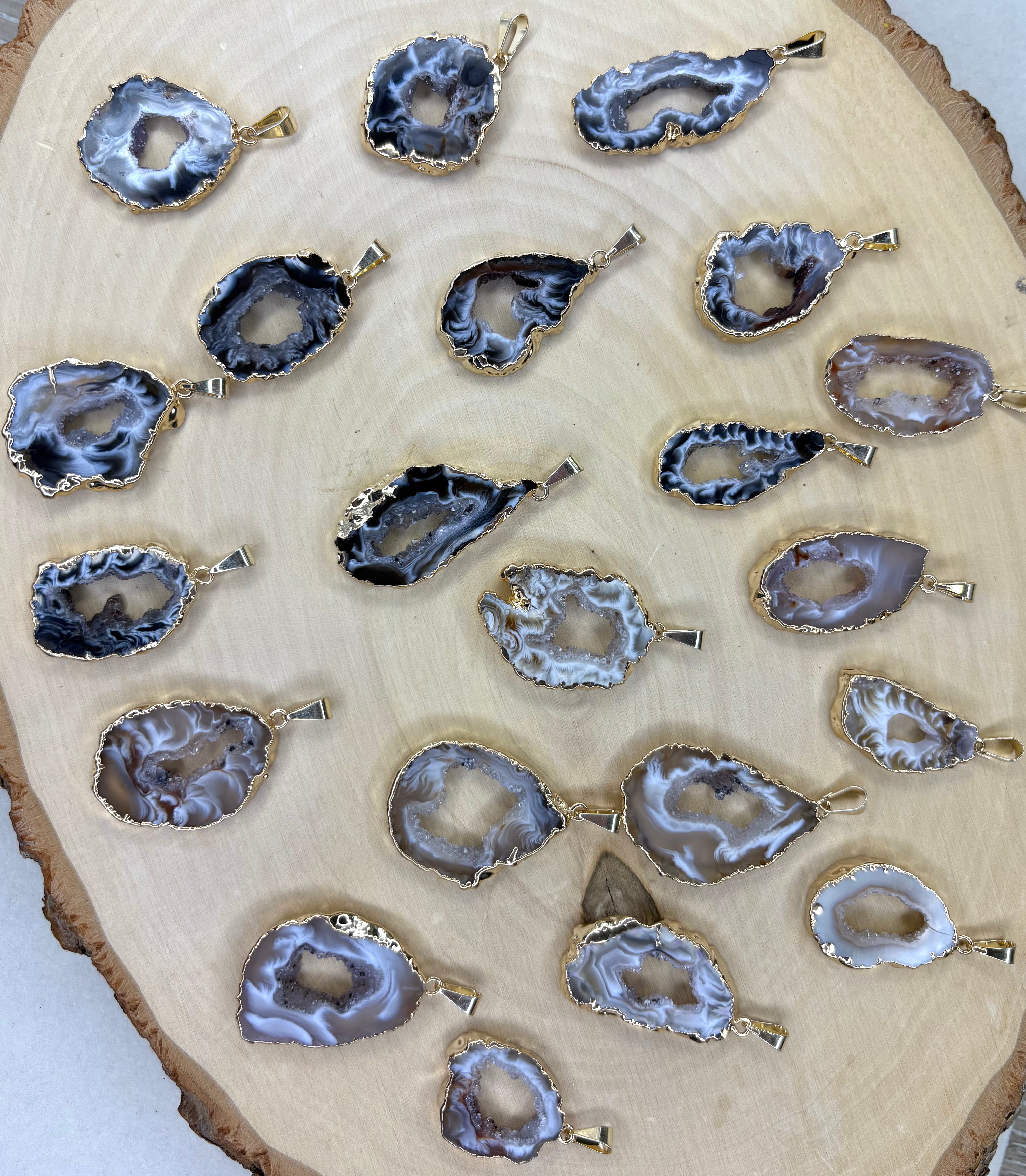 Geode Slice Pendant — Dark & Light Natural Stones with 18K Gold Hand-Painted Edges, One-of-a-Kind Jewelry