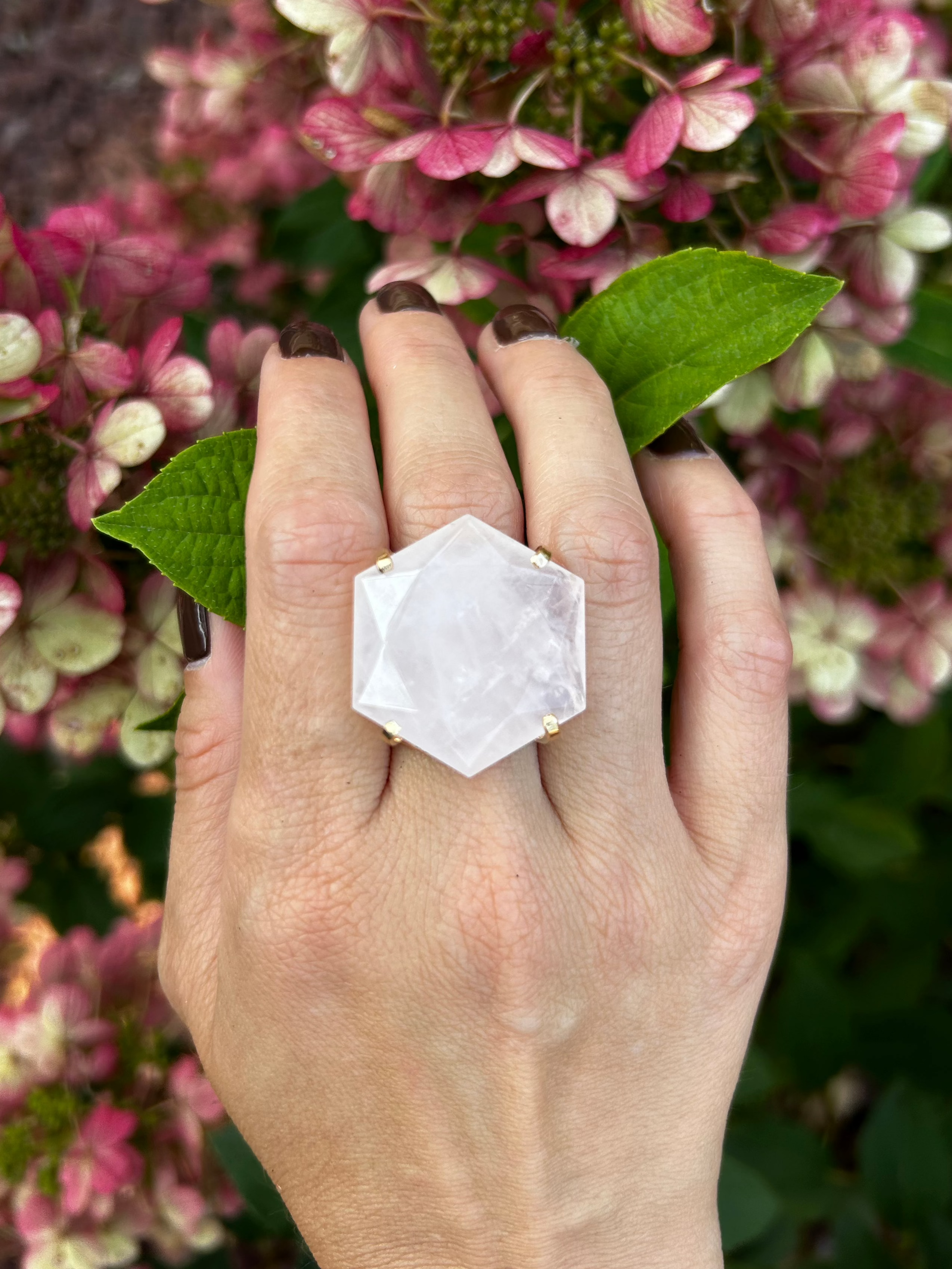 Rose Quartz Cocktail Ring — Large Hexagon Faceted Gemstone, 18K Gold Plated Statement Jewelry for Special Occasions