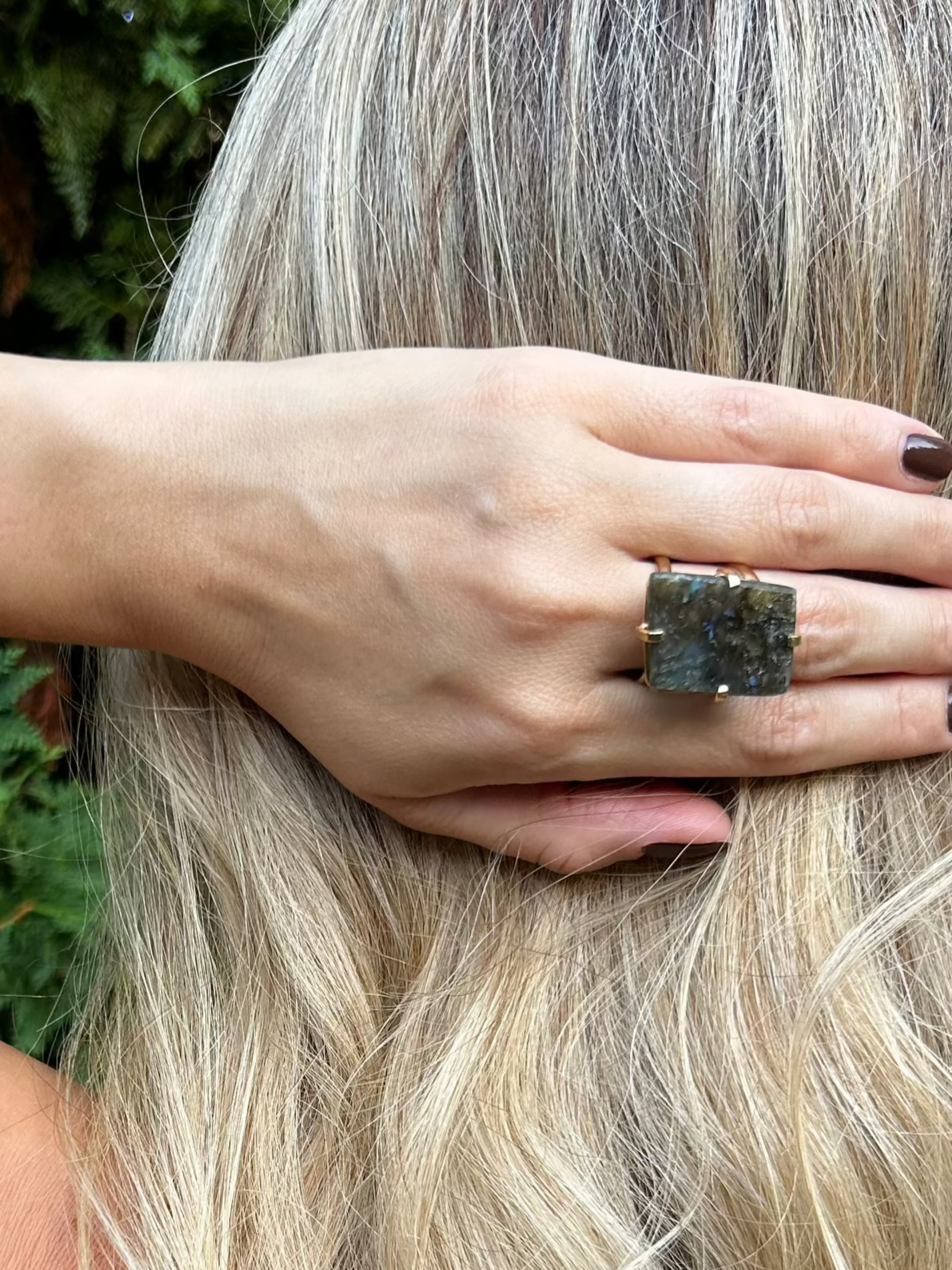 Labradorite Statement Ring — Genuine Natural Stone, 18K Gold Plated, Adjustable Band