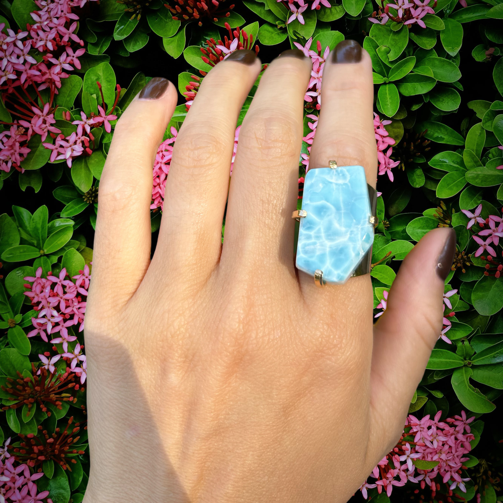 Larimar Cocktail Cuff Ring — Genuine Caribbean Gemstone, 18K Gold Plated, Adjustable Statement Jewelry
