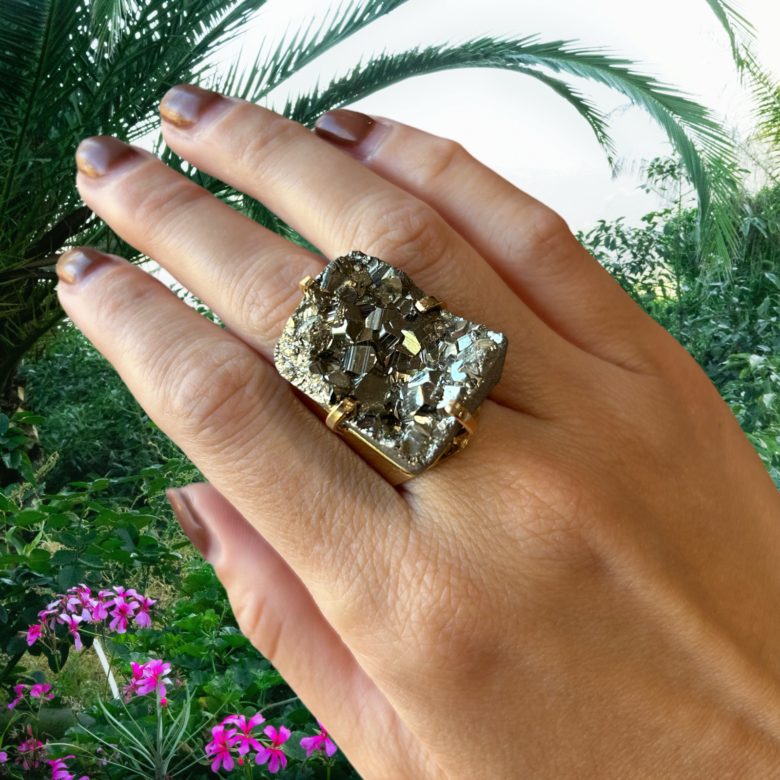 Rectangular Pyrite Statement Cocktail Ring — Genuine Natural Stone, 18K Gold Plated, Adjustable Band