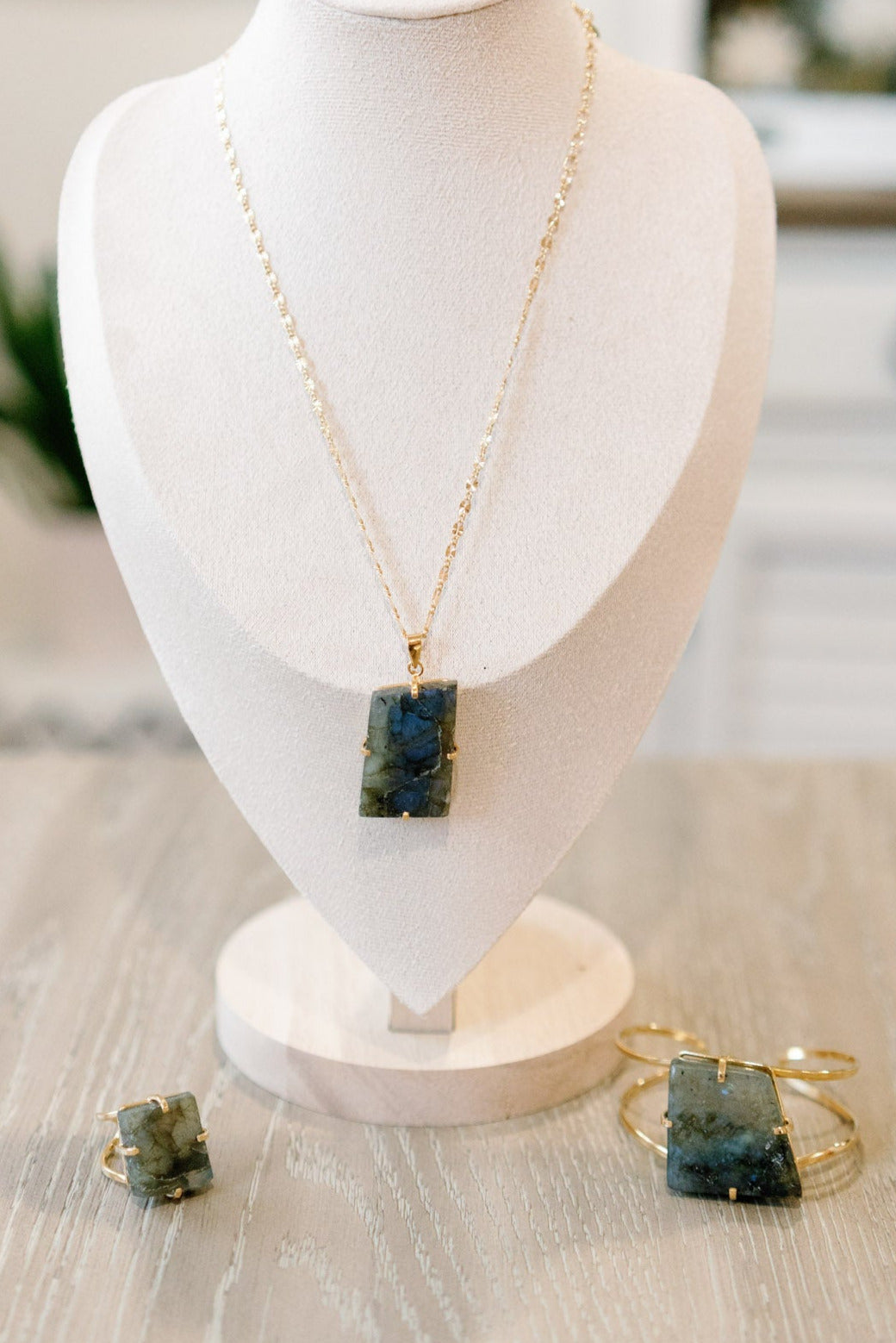 Labradorite Statement Ring — Genuine Natural Stone, 18K Gold Plated, Adjustable Band