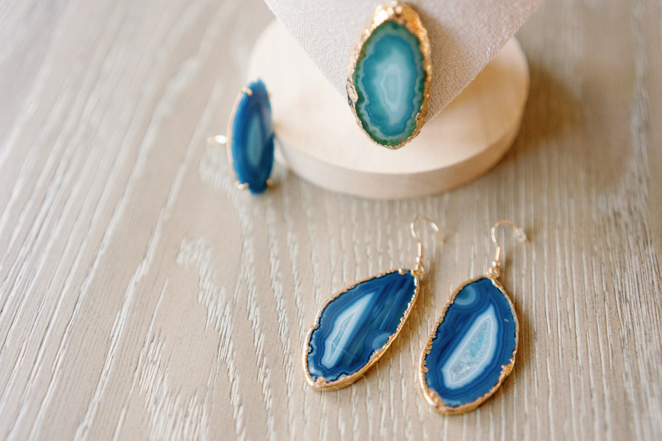 Agate Slice Dangle Earrings — Genuine Natural Stone with 18K Gold Plated Posts & Hand-Painted Edges