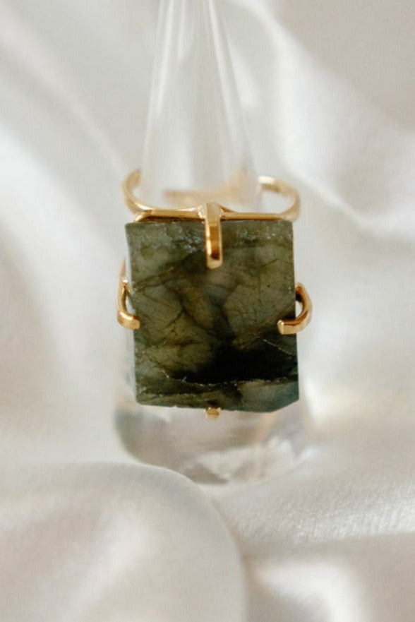 Labradorite Statement Ring — Genuine Natural Stone, 18K Gold Plated, Adjustable Band