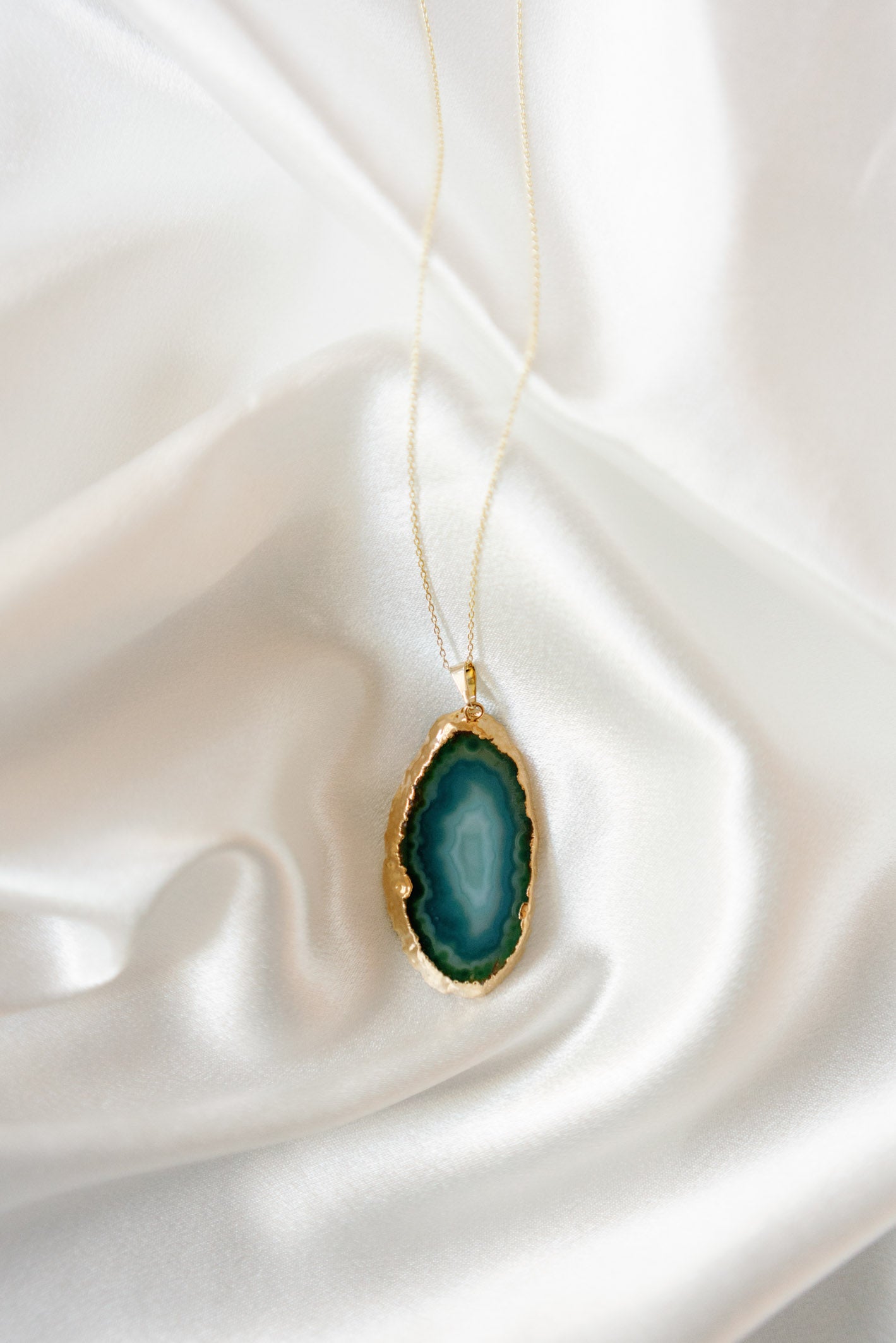 Agate Slice Pendant Necklace — Blue, Black & Brown Stones with 18K Gold Hand-Painted Edges