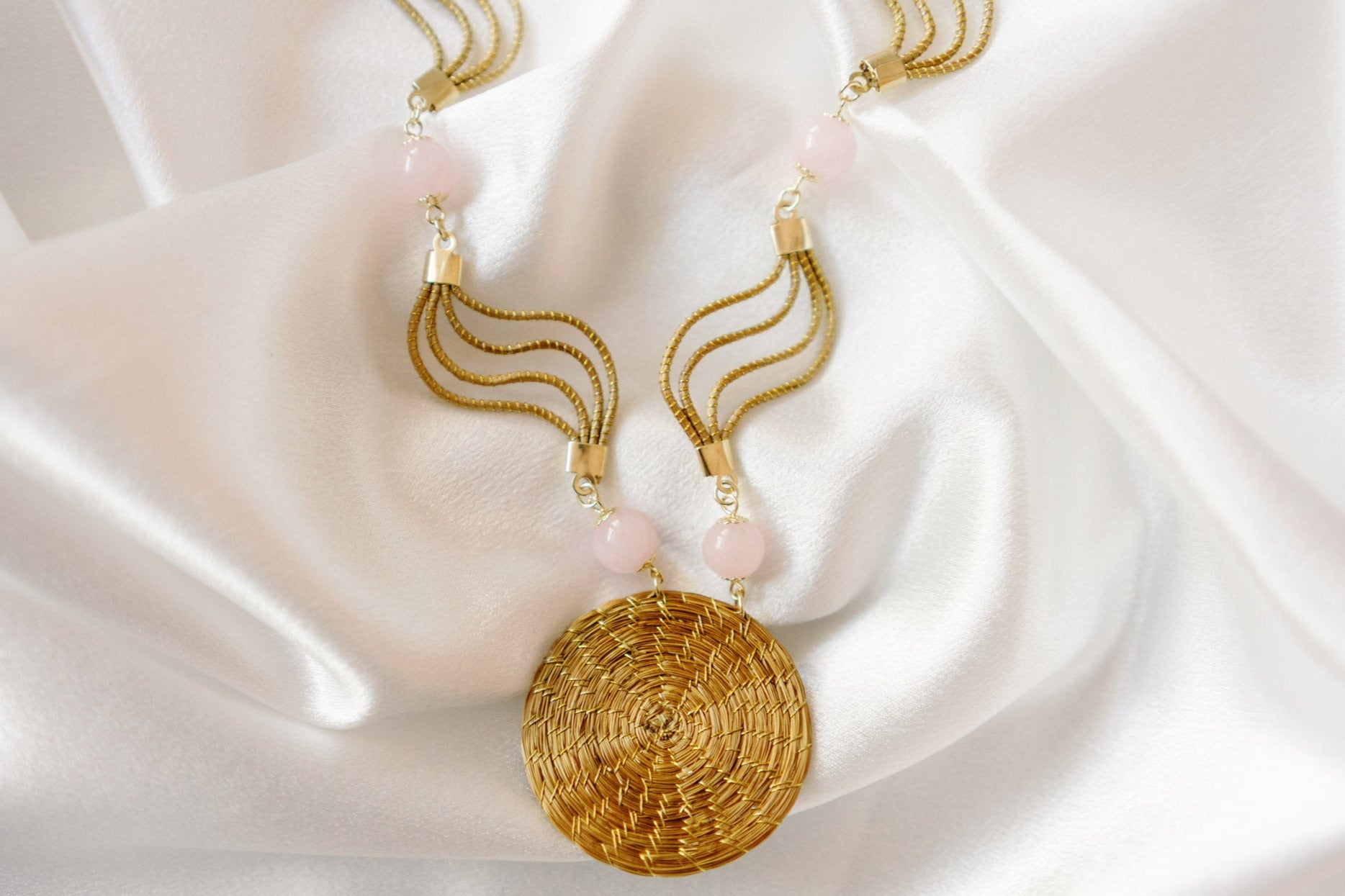 Mandala Waves Necklace — Handwoven Golden Grass with Rose Quartz & 18K Gold Plated Accents