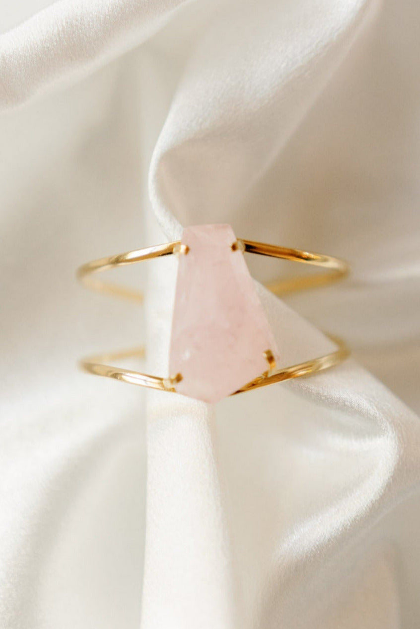 Rose Quartz Statement Cuff Bracelet — 18K Gold Plated Gemstone Jewelry for Special Occasions