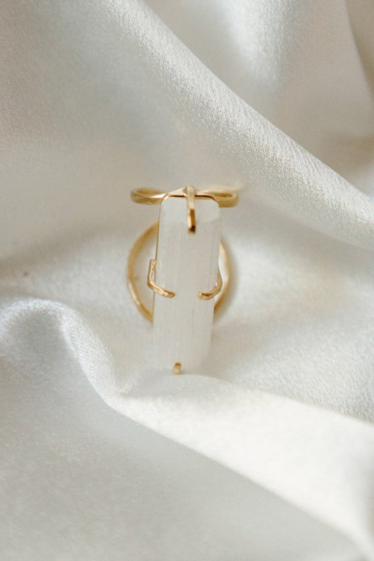 Selenite Statement Ring — 18K Gold Plated Natural Gemstone Cocktail Ring, Hypoallergenic Luxury Jewelry