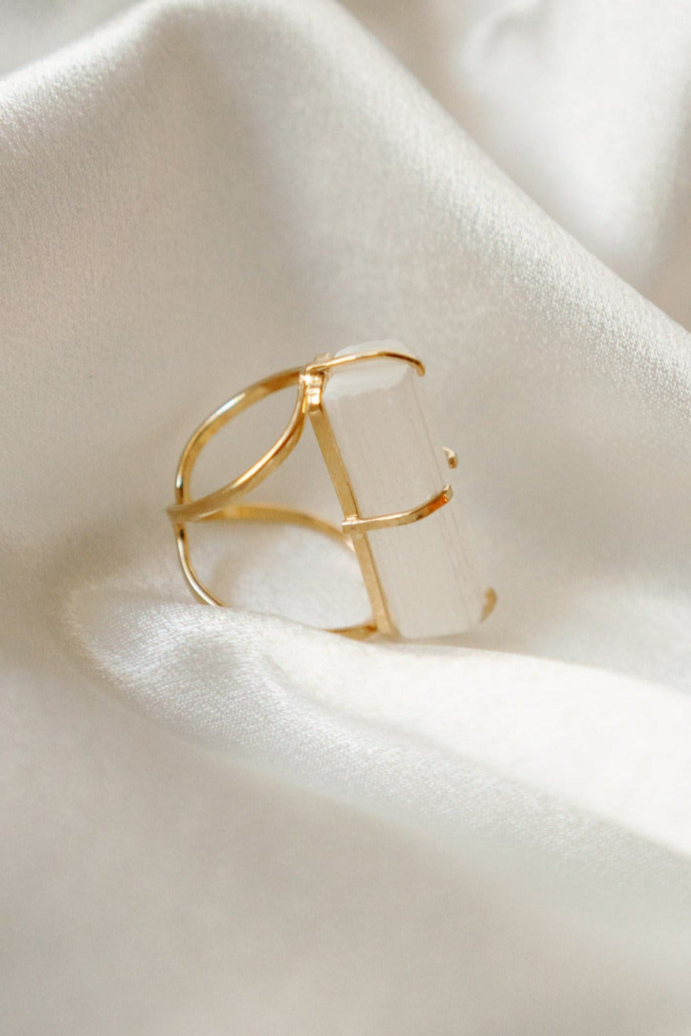 Selenite Statement Ring — 18K Gold Plated Natural Gemstone Cocktail Ring, Hypoallergenic Luxury Jewelry