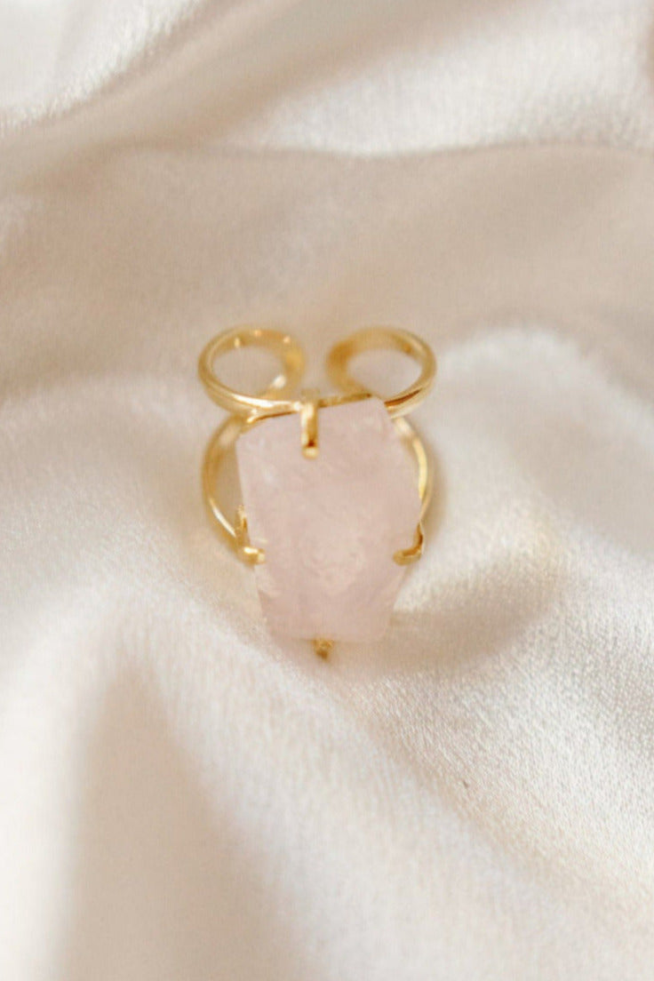 Rose Quartz Faceted Cocktail Ring — Genuine Gemstone, 18K Gold Plated, Handcrafted Statement Jewelry
