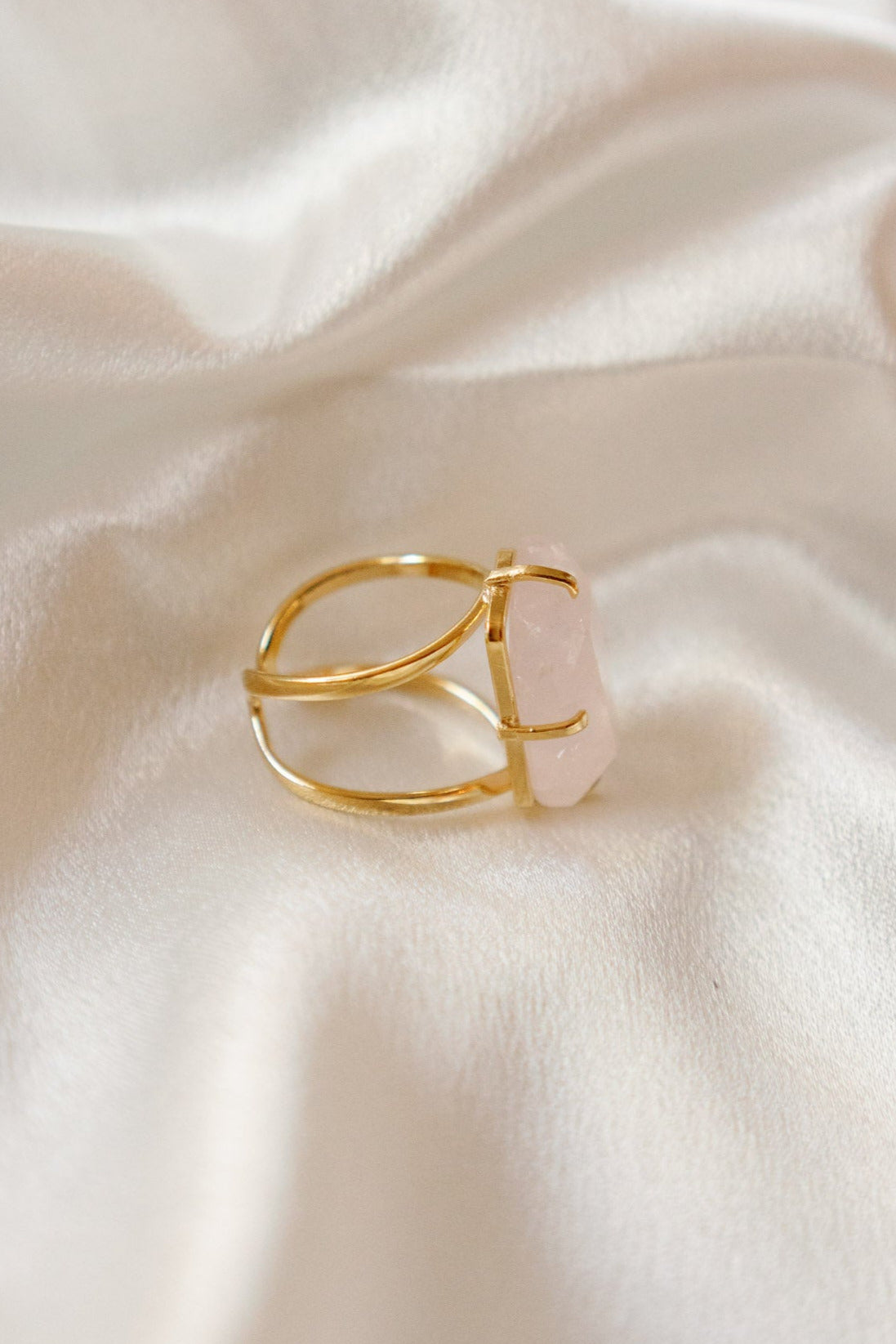 Rose Quartz Faceted Cocktail Ring — Genuine Gemstone, 18K Gold Plated, Handcrafted Statement Jewelry