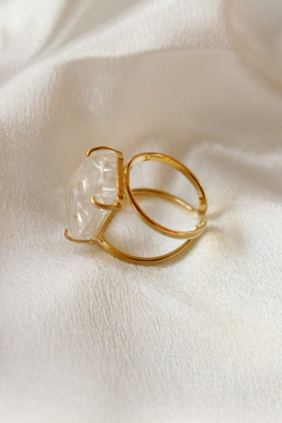 Clear Quartz Statement Ring — 18K Gold Plated, Genuine Natural Gemstone Adjustable Jewelry