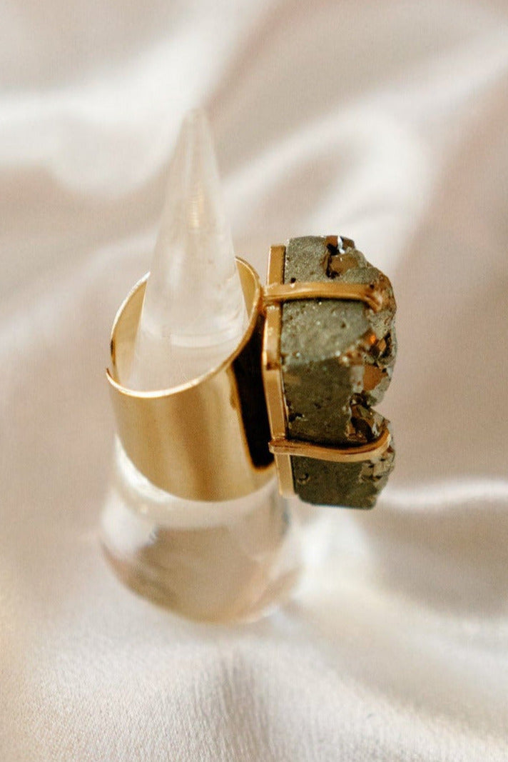 Rectangular Pyrite Statement Cocktail Ring — Genuine Natural Stone, 18K Gold Plated, Adjustable Band