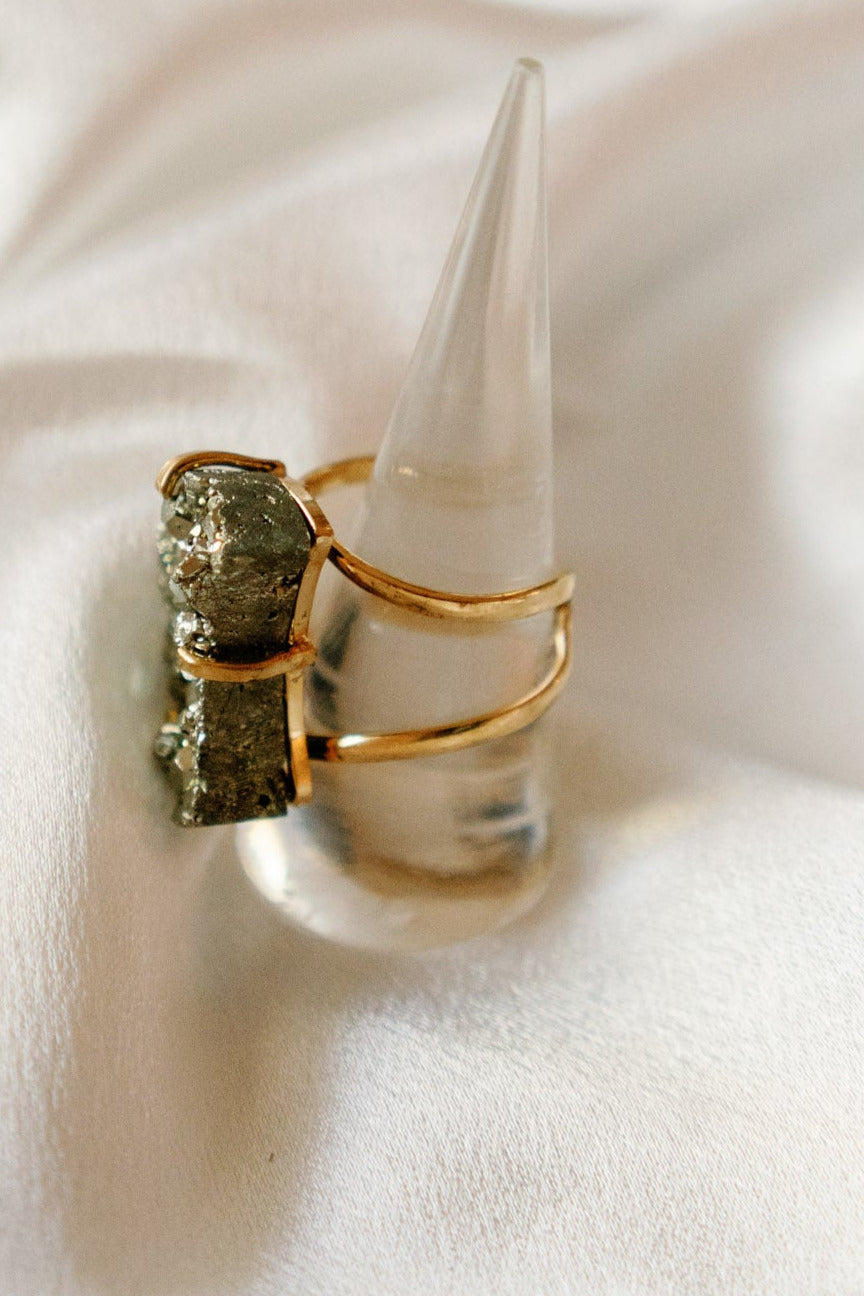 Moon-Shaped Pyrite Statement Ring — Genuine Natural Stone, 18K Gold Plated, Adjustable Band