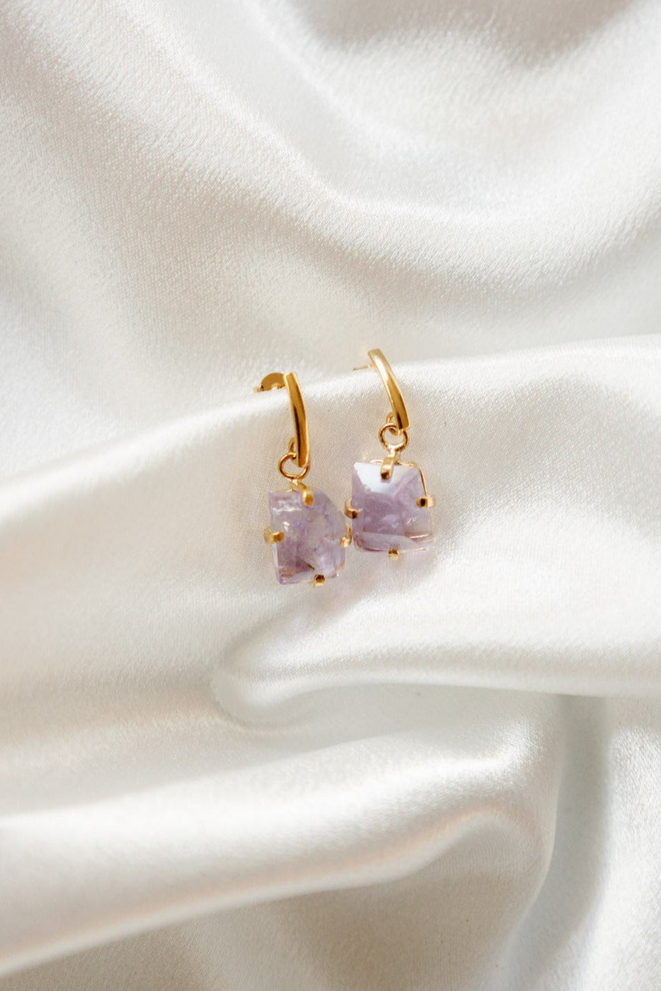 Faceted Genuine Gemstone Drop Earrings – Clear Quartz, Rose Quartz & Amethyst – 18K Gold-Plated, Hypoallergenic
