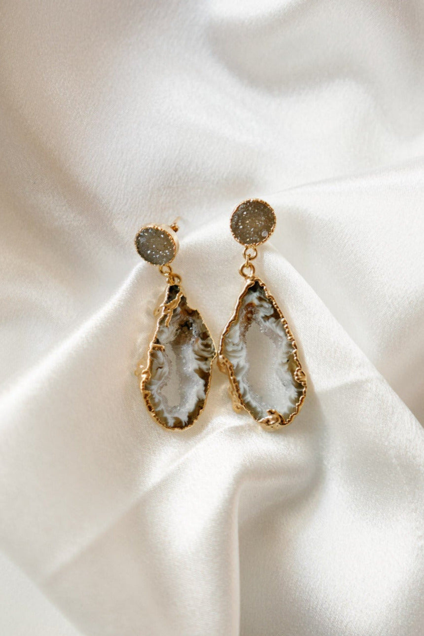 Druzy & Geode Dangle Earrings — 18K Gold Hand-Painted Edges, Hypoallergenic Natural Stone Jewelry