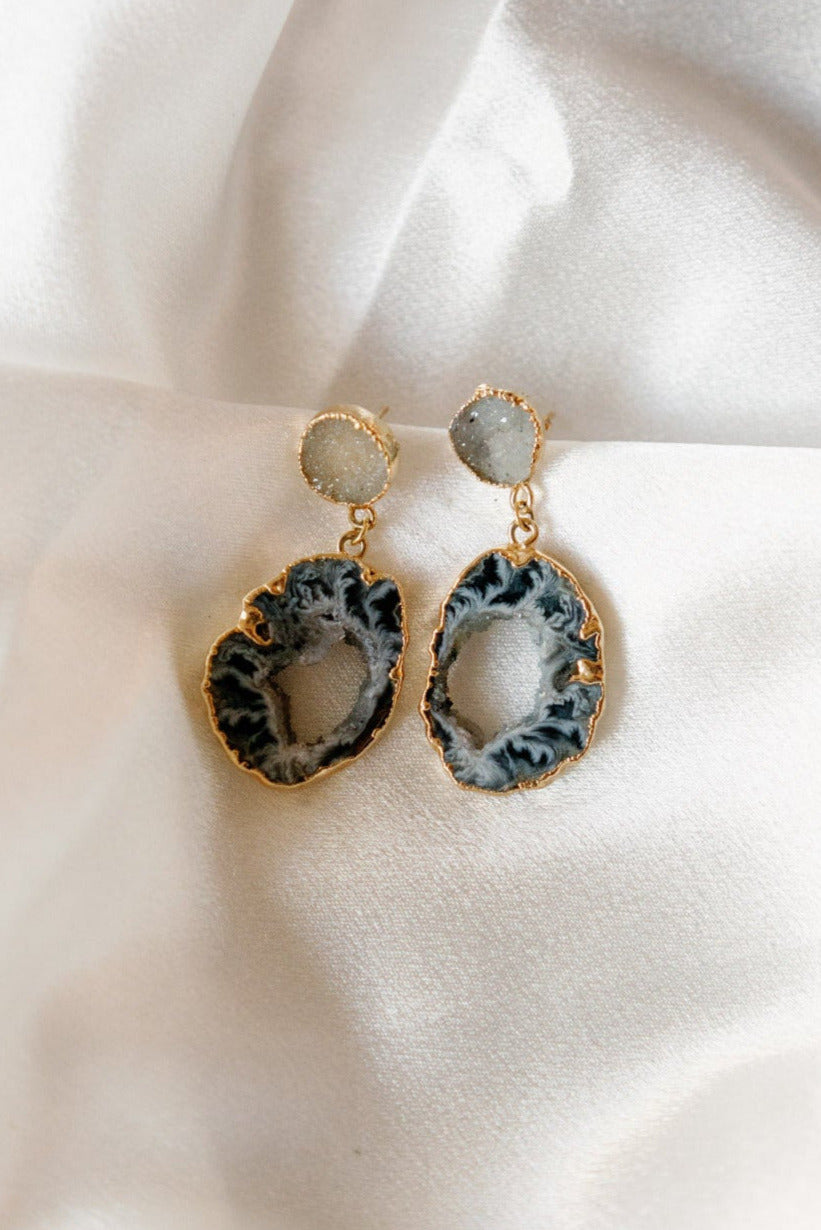 Druzy & Geode Dangle Earrings — 18K Gold Hand-Painted Edges, Hypoallergenic Natural Stone Jewelry