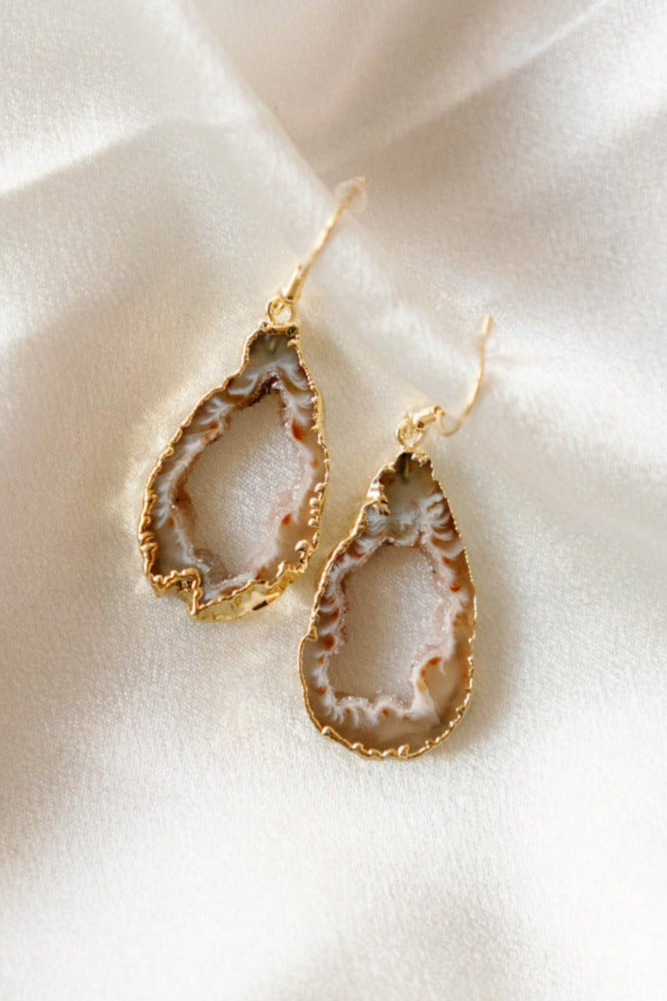 Geode Slice Dangle Earrings — 18K Gold Plated Hooks & Hand-Painted Edges, Natural Statement Gemstone Jewelry