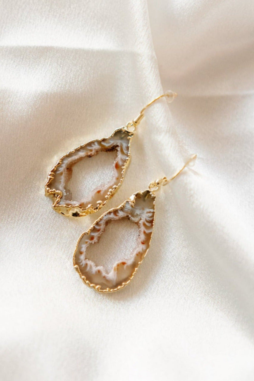 Geode Slice Dangle Earrings — 18K Gold Plated Hooks & Hand-Painted Edges, Natural Statement Gemstone Jewelry