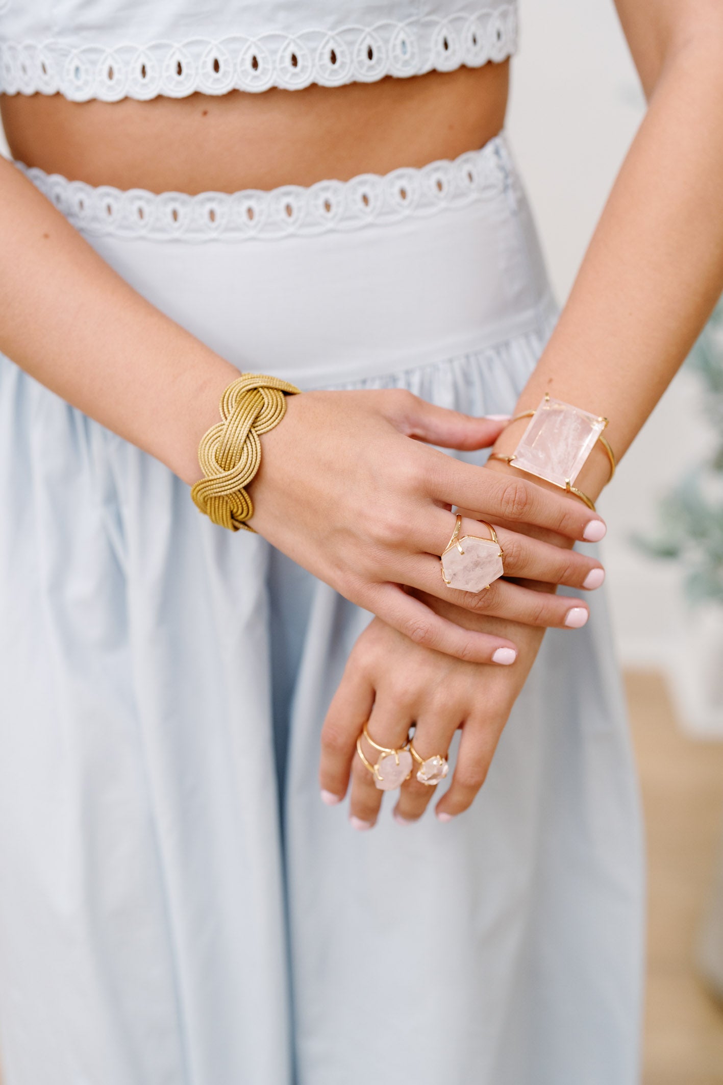Rose Quartz Statement Cuff Bracelet — 18K Gold Plated Gemstone Jewelry for Special Occasions