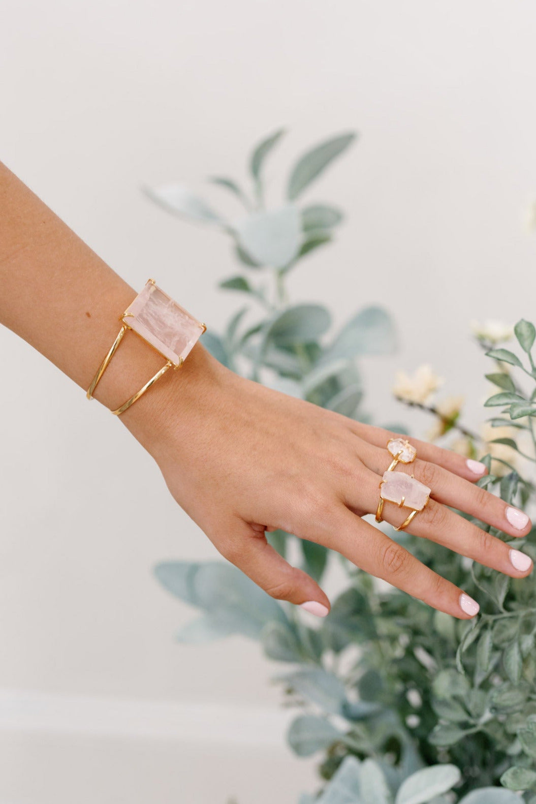 Rose Quartz Statement Cuff Bracelet — 18K Gold Plated Gemstone Jewelry for Special Occasions