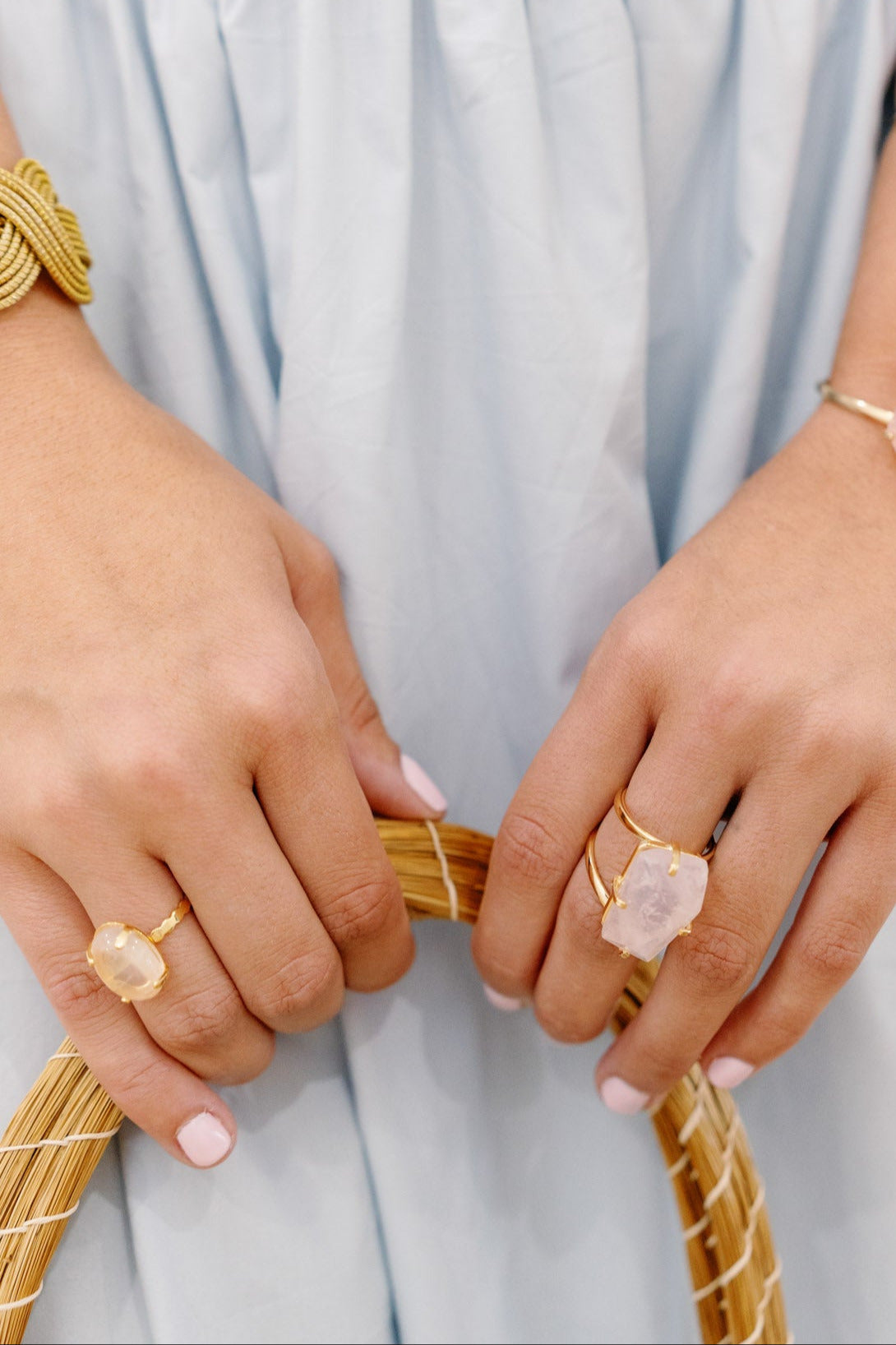 Rose Quartz Open Bangle Bracelet — 18K Gold Plated with Two Raw Rose Quartz Stones, Adjustable & Hypoallergenic