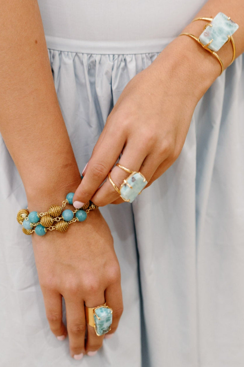 Larimar Cocktail Cuff Ring — Genuine Caribbean Gemstone, 18K Gold Plated, Adjustable Statement Jewelry