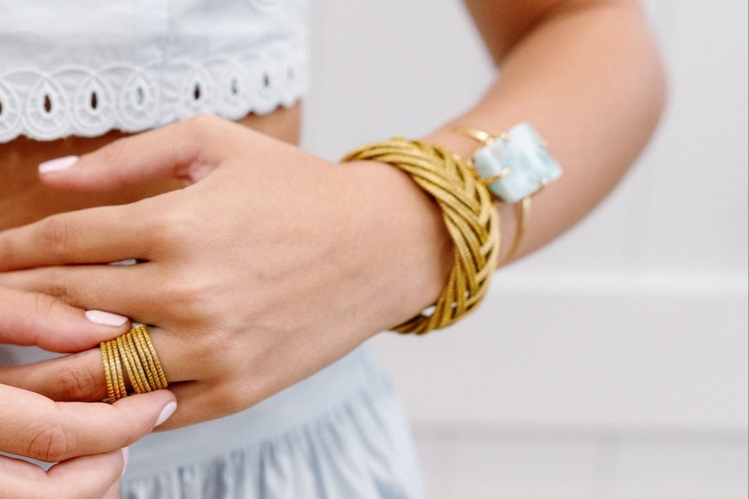 Essência Golden Grass Cuff Bracelet — Handwoven in Brazil with 18K Gold Plated Accents