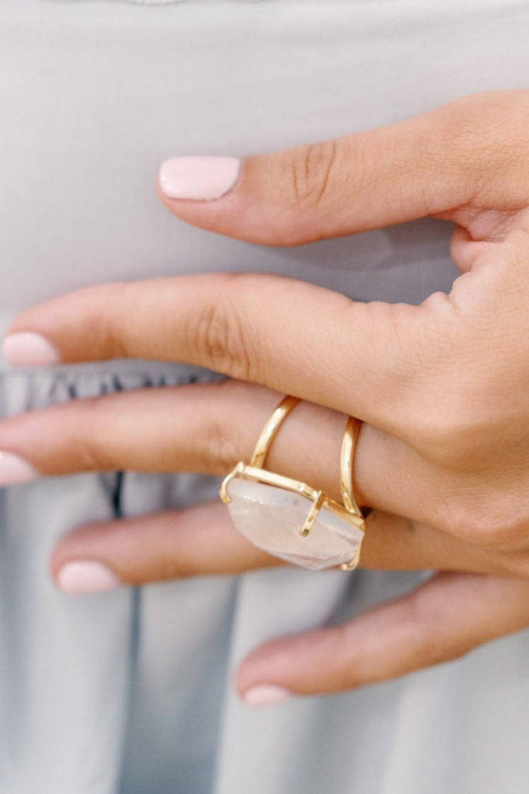 Clear Quartz Statement Ring — 18K Gold Plated, Genuine Natural Gemstone Adjustable Jewelry