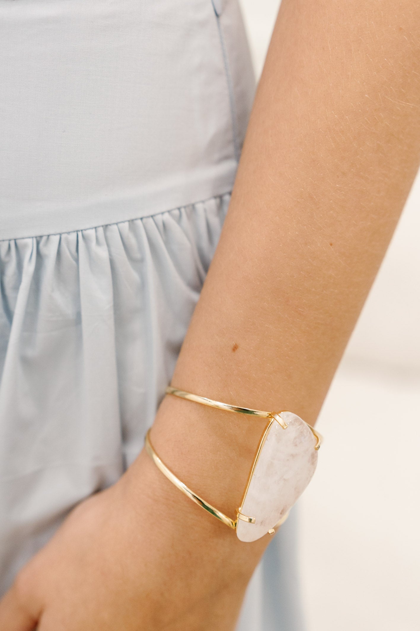 Clear Quartz Cuff Bracelet — 18K Gold Plated, Adjustable Natural Gemstone Jewelry, Hypoallergenic