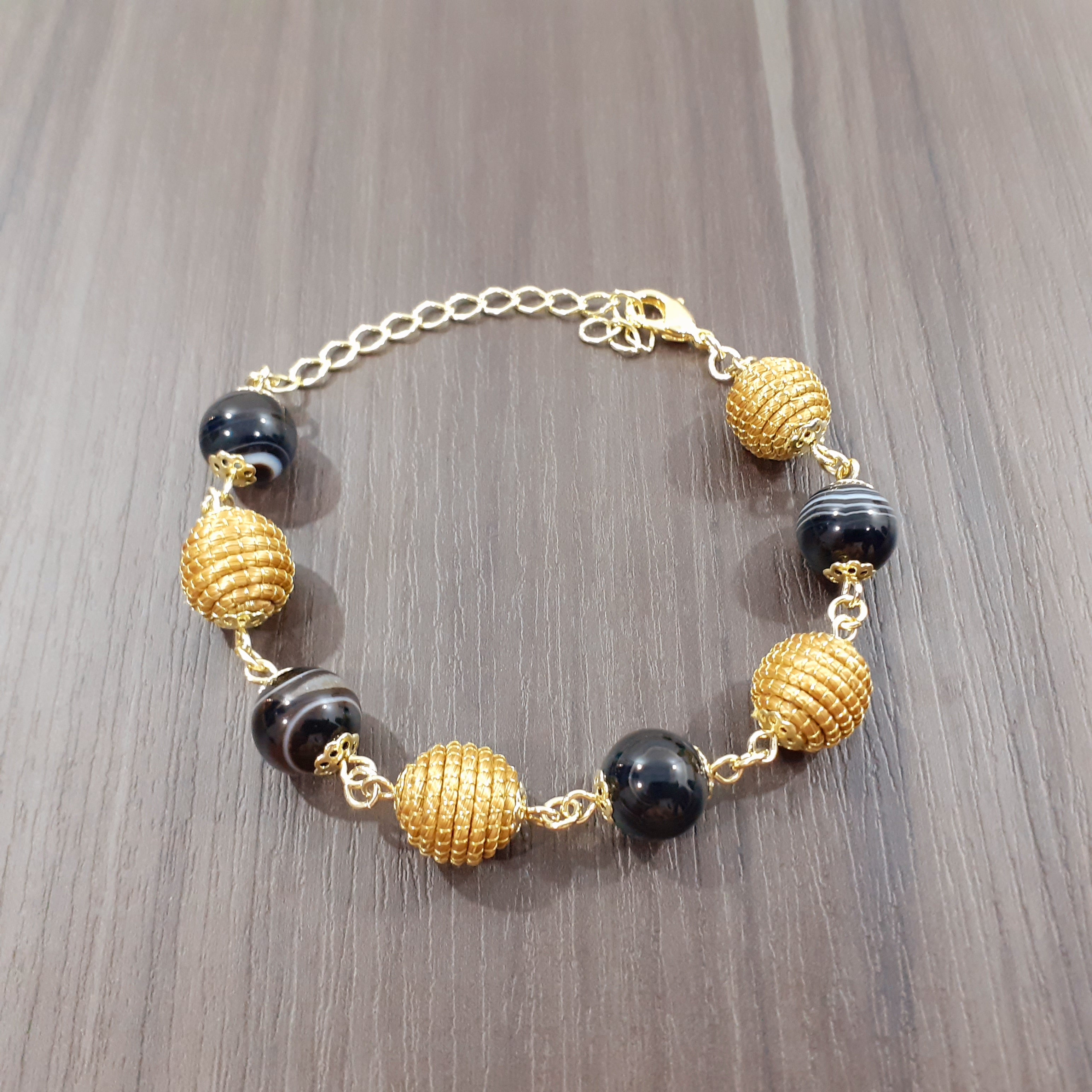 Golden Energy Bracelet — Handwoven Golden Grass & Genuine Gemstone Beads with 18K Gold Plated Accents