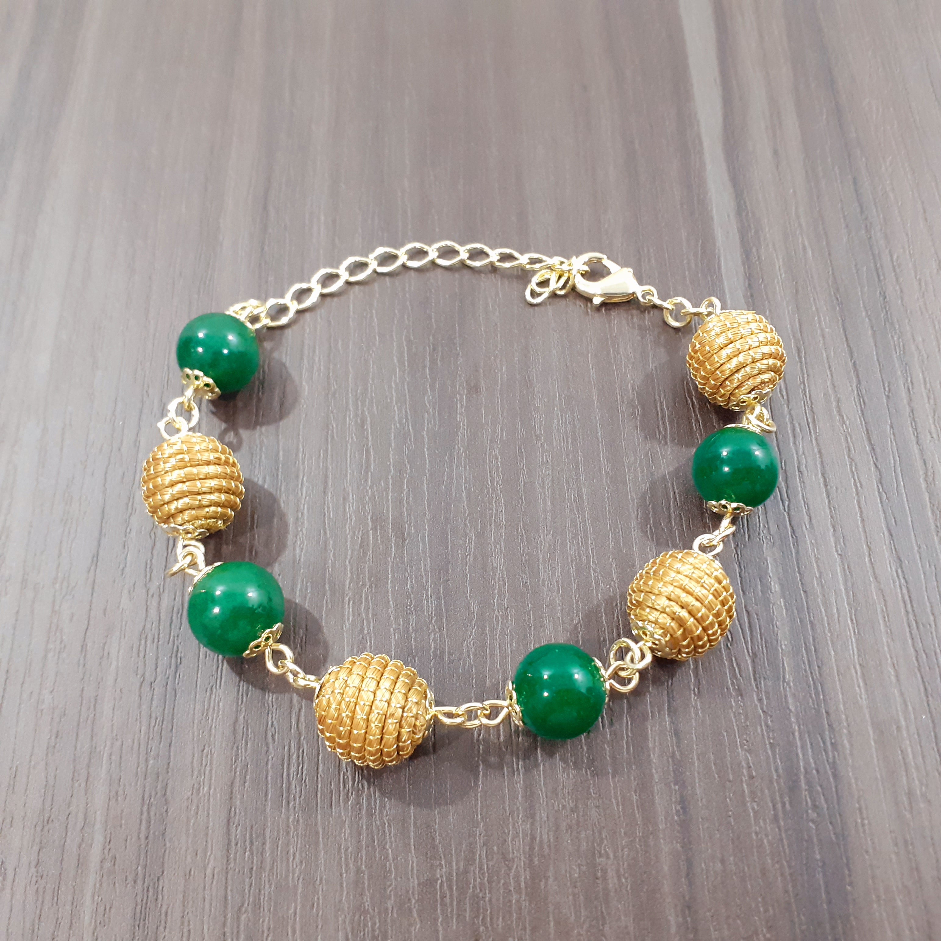 Golden Energy Bracelet — Handwoven Golden Grass & Genuine Gemstone Beads with 18K Gold Plated Accents